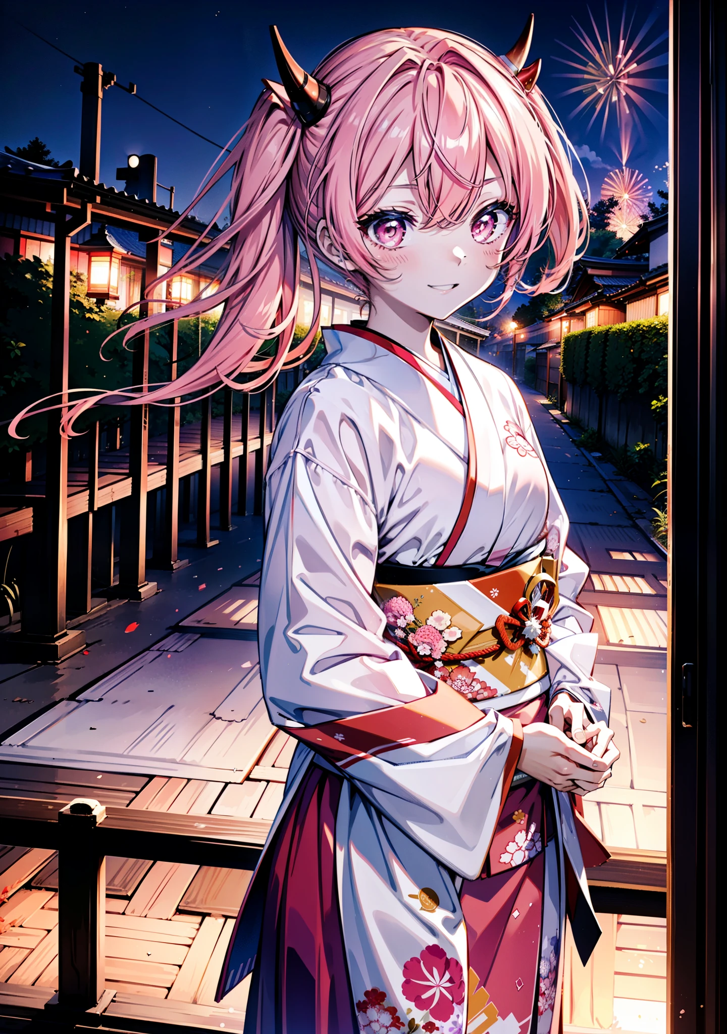 Aria h kanzaki,horn,Pink Hair,Long Hair,low 　Twin tails,小さいhorn,Red eyes,happy smile, smile, Open your mouth,pink kimono,Thick sleeves,Long skirt,日本のfestival,夏festivalの屋台,Red Lantern,night,night空のfirework,firework,場所はfirework大会,時間はnightです,sunny day,turn around,as if,walk,　　　　　　　　　　　　　　　  　　　　　break looking at viewer, Upper Body, (Cowboy Shot:1. 5),  　　　　　
break outdoors, festival,shrine,
break (masterpiece:1.2), Highest quality, High resolution, unity 8k wallpaper, (shape:0.8), (Beautiful attention to detail:1.6), Highly detailed face, Perfect lighting, Highly detailed CG, (Perfect hands, Perfect Anatomy),