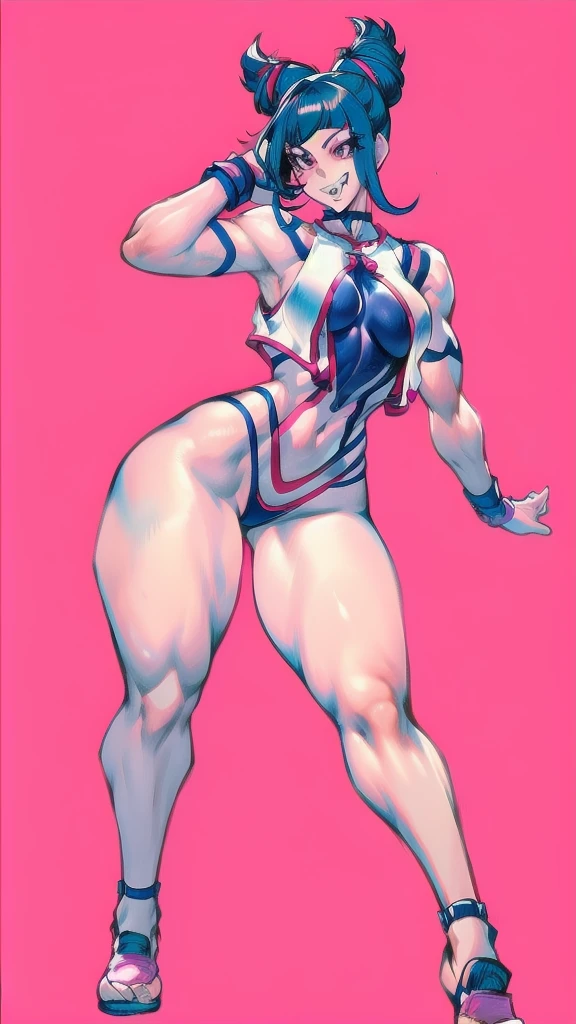 Full body image of Juri Han from Street Fighter 6, From head to toe, wearing her outfit from street fighter 6, female body, athletic body, dynamic pose, detailed pose, simple background, expressive face showing a mischievous grin, focus on face, line art, sketch.
