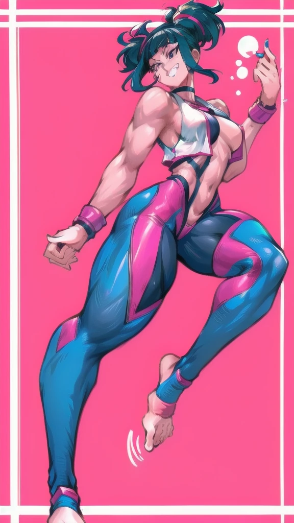 Full body image of Juri Han from Street Fighter 6, From head to toe, wearing her outfit from street fighter 6, female body, athletic body, dynamic pose, detailed pose, simple background, expressive face showing a mischievous grin, focus on face, line art, sketch.
