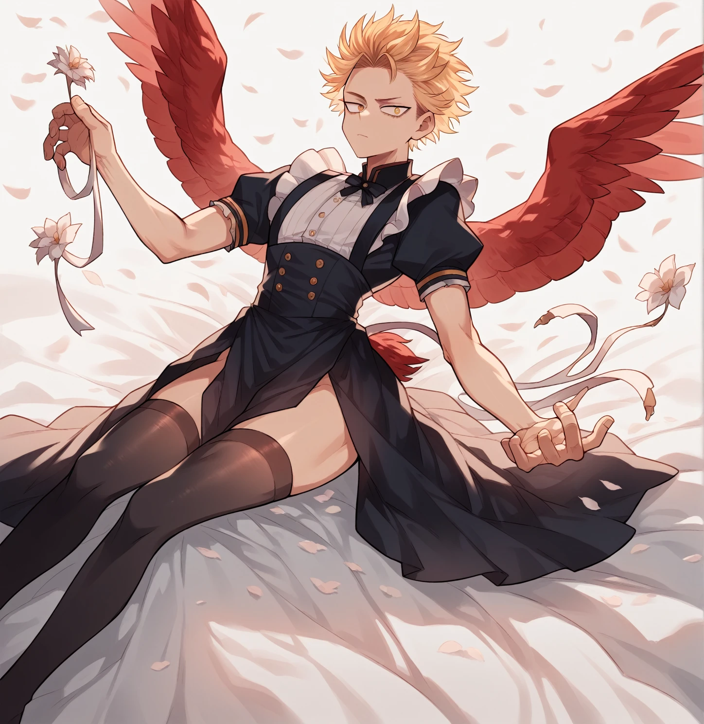 [1],Alone, gay blonde boy, slicked back hair, two front strands that stick out, gold eyes, red wings on the back, red bird tail, delicate hands, fine ranges, delicate, curves thighs, small waist, cuerpo delicate, submissive, dress: maid outfit, provocative, long dark thigh high stockings, sitting on a bed, provocative pose, apariencia submissive, white cherry blossoms, Hawks, Boku no hero academia