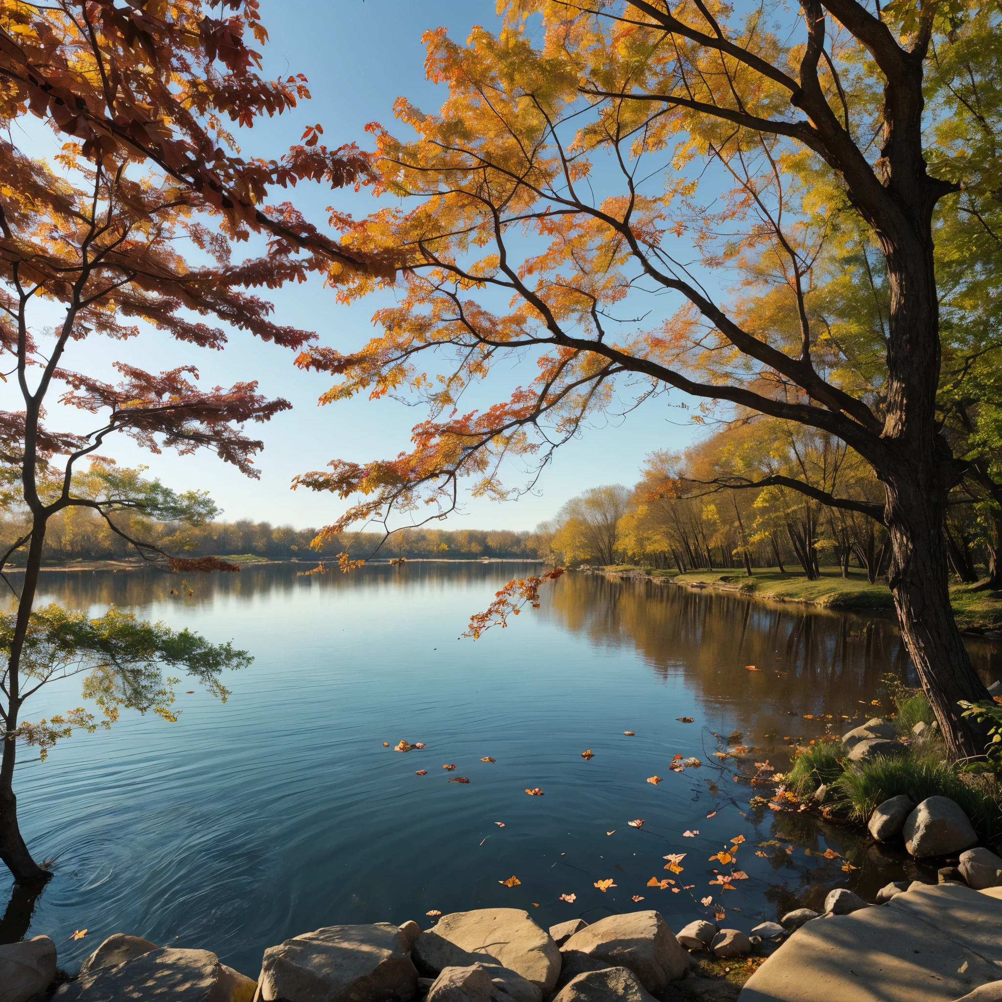 red maple tree, beautiful and delicate light, on the water, floating leaves,