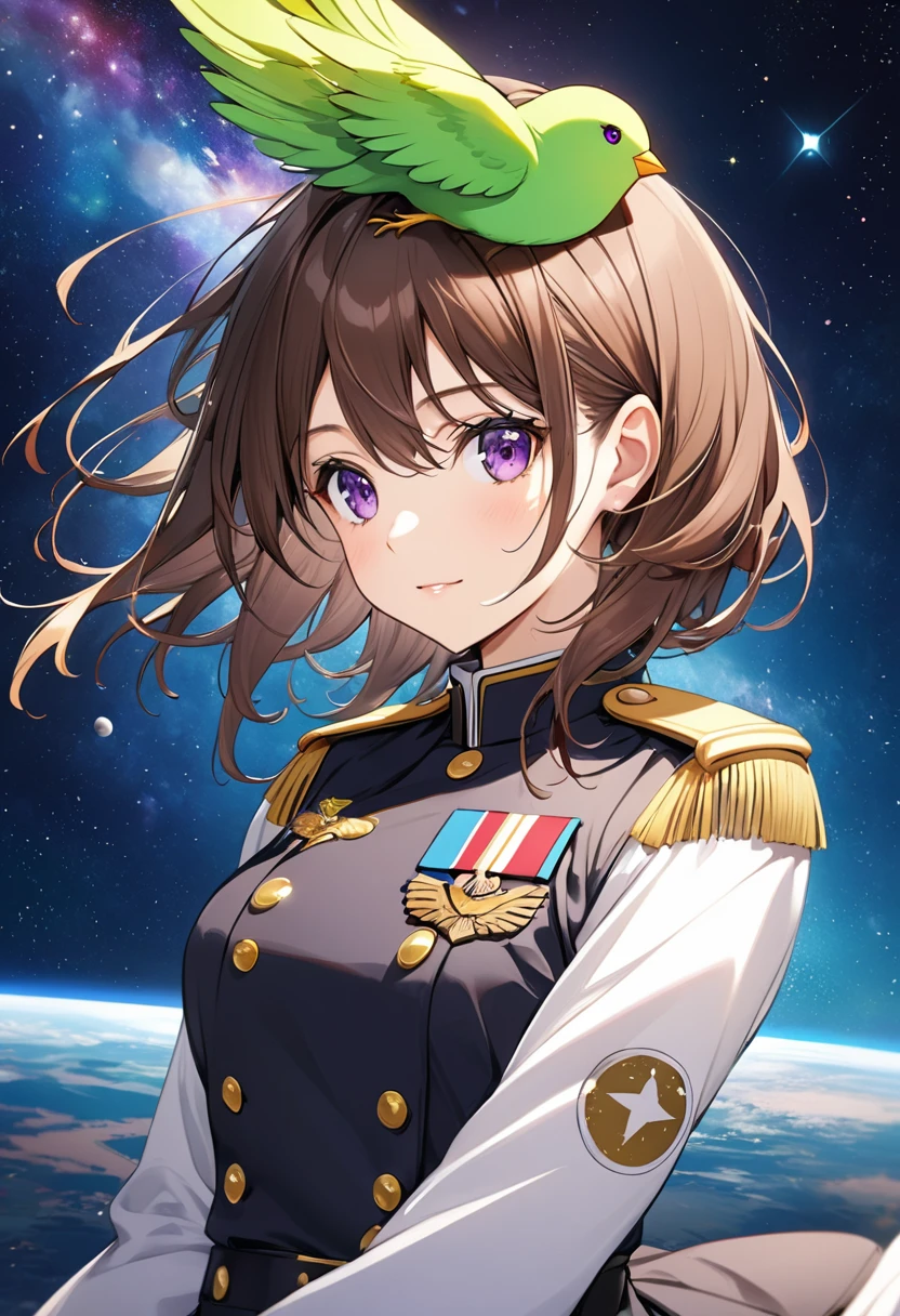1 teenager　university student　Brown Hair　Purple Eyes　Military Uniform Style　green bird　Space Background