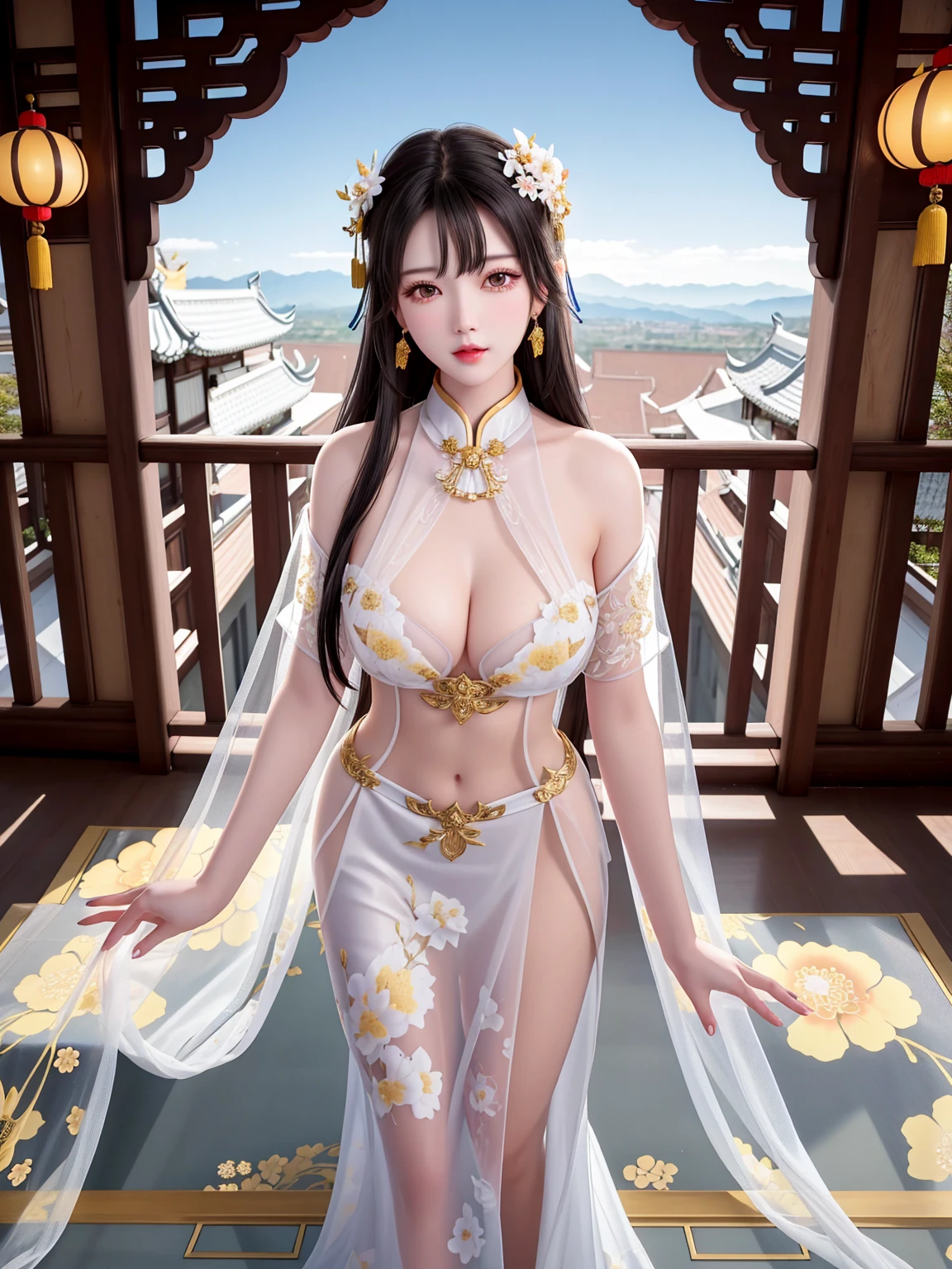 Top quality, masterpiece, high resolution, Chinese,，，，mountain peak，,The Peak,,,,,,Rooftop,,,,,,,naked,，stand erect，,1girl, charming appearance and personality, big body, extremely sexy, ，，，，Floral print ，， ，Floral print，， Light yellow floral fragments，，(transparent ), large hollow see-through, beautiful and delicate face, (desire figure) perfect slim figure (nipple slip: 0.5), perfect white skin，stand erect，，Smooth black long hair，，，，Black Hair