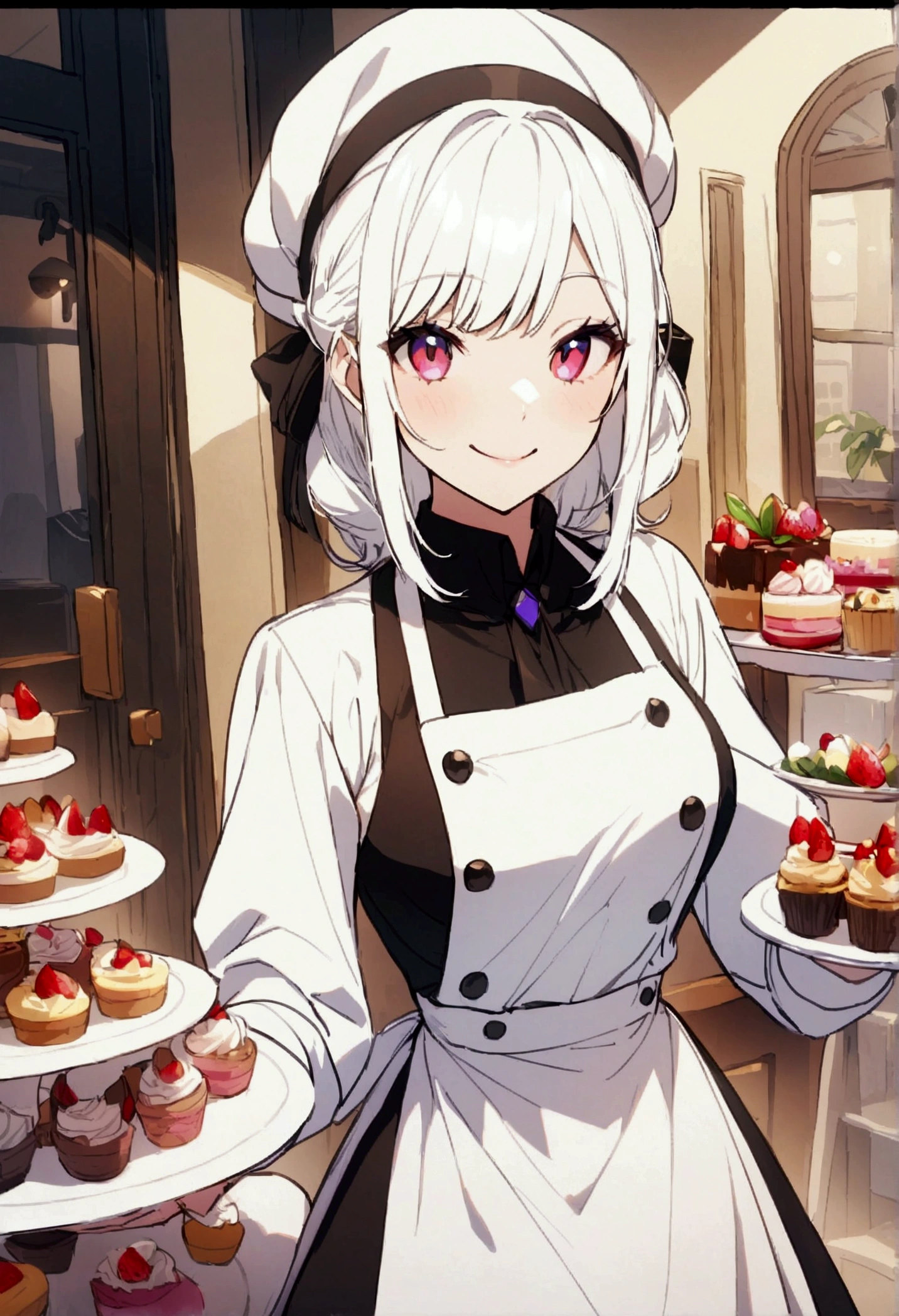 A smiling patissier selling cakes, High resolution,Highest quality,