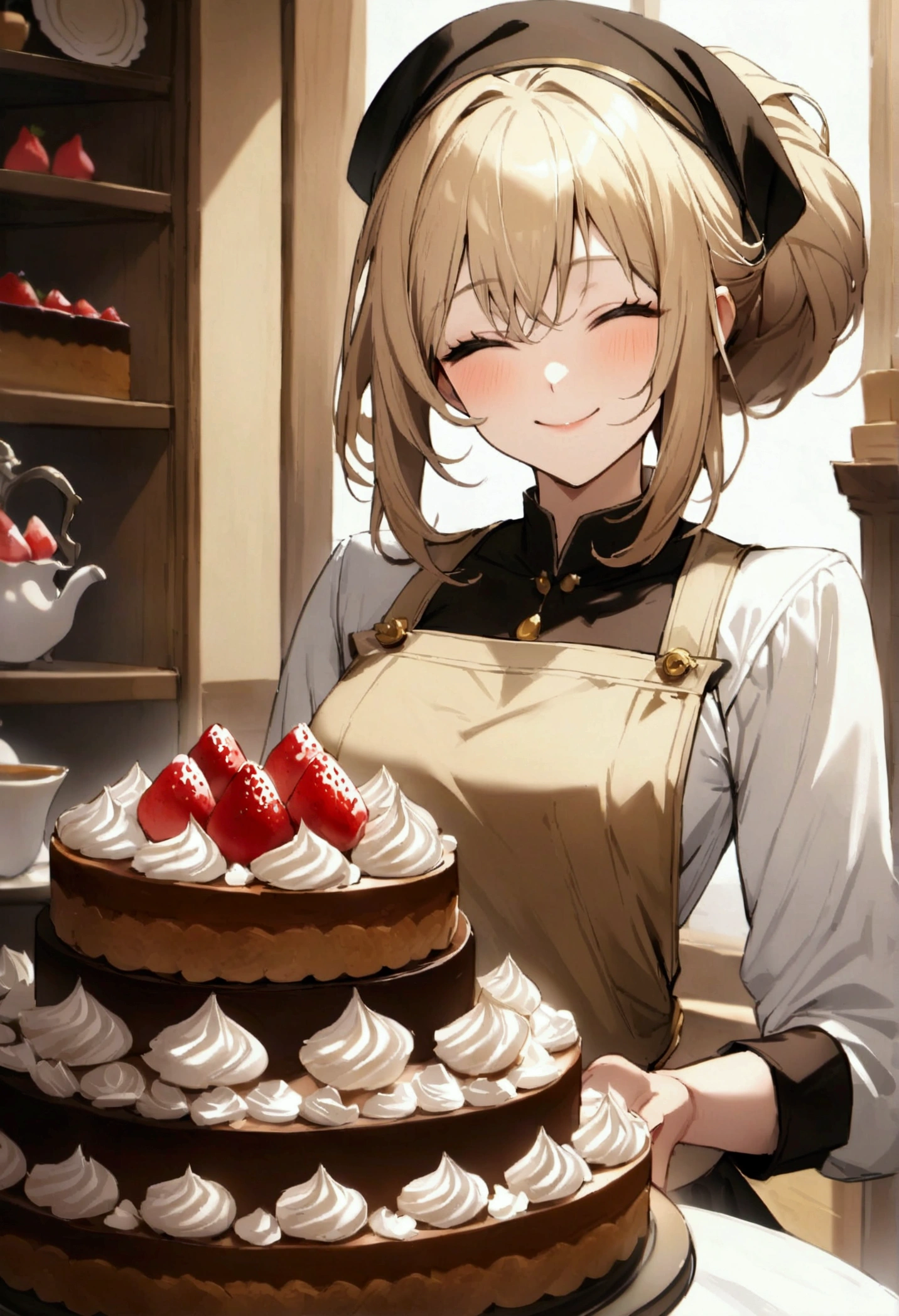A smiling patissier selling cakes, High resolution,Highest quality,