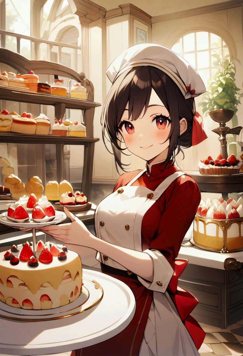 A smiling patissier selling cakes, High resolution,Highest quality,