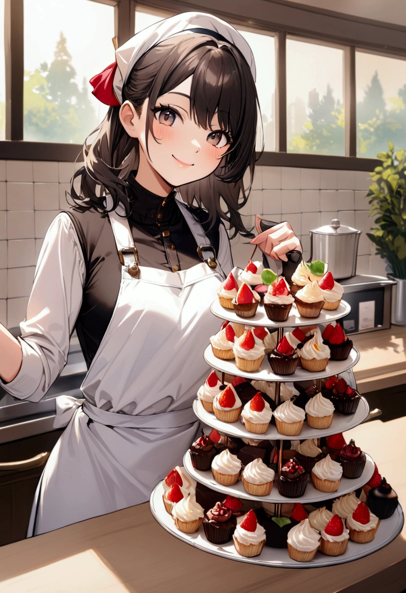 A smiling patissier selling cakes, High resolution,Highest quality,