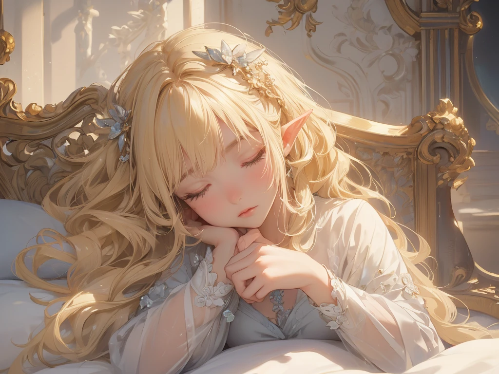 work of art, epic details, ultra detaild, best resolution, Woman, blonde, (BEAUTIFUL ELF), ((rosto angelical)), dressed as a bear, fly away, ((perfect hands))), ((sleepy expression), (sleeping), eyes locked, Scenario: in the bedroom, supper:sleeping, no mistakes, (((epic details na face)))