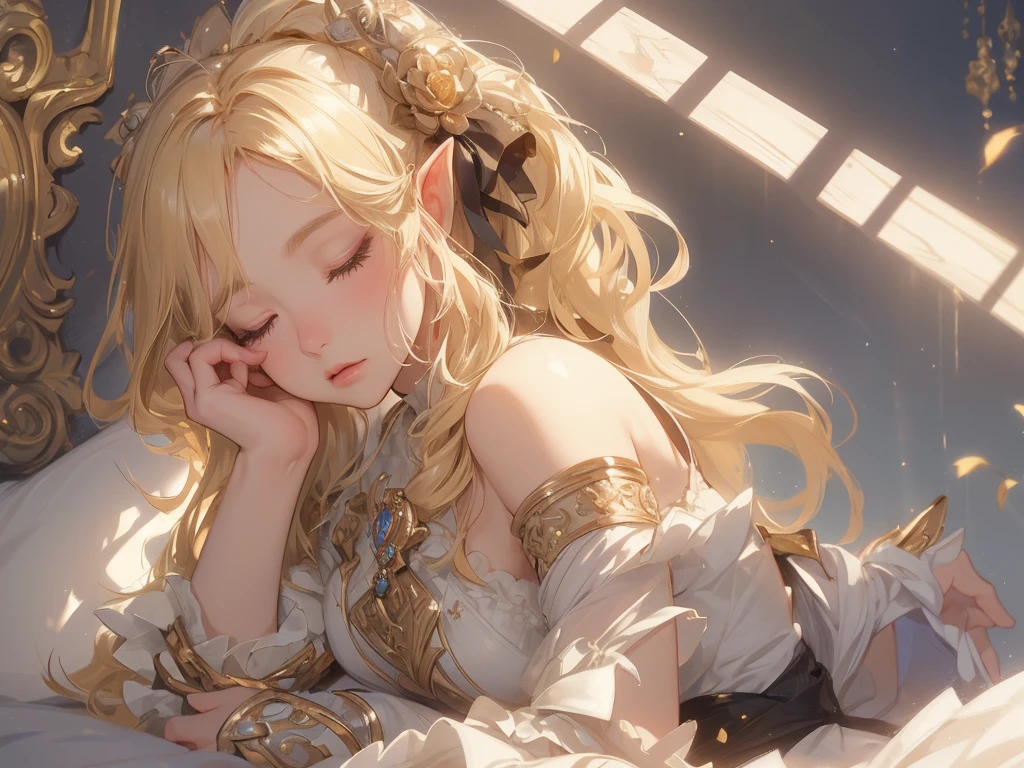 work of art, epic details, ultra detaild, best resolution, Woman, blonde, (BEAUTIFUL ELF), ((rosto angelical)), dressed as a bear, fly away, ((perfect hands))), ((sleepy expression), (sleeping), eyes locked, Scenario: in the bedroom, supper:sleeping, no mistakes, (((epic details na face)))