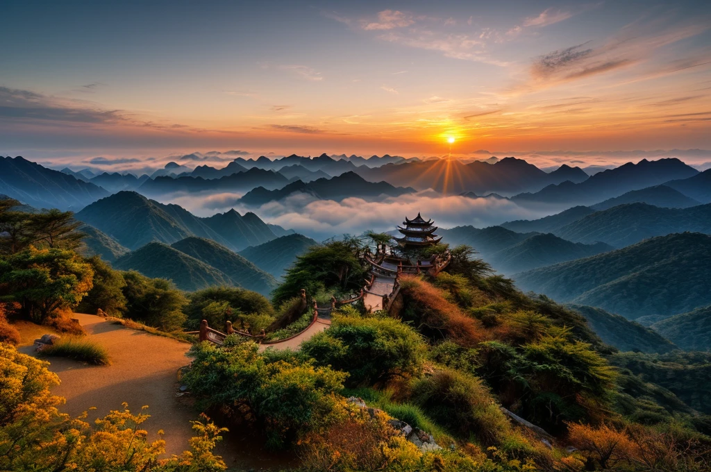Huangshan Paiyun Pavilion,Sunset,Warm colors,Sea of Clouds,Ultra wide angle,ultra depth of field,Texture,National Geographic Award-winning work