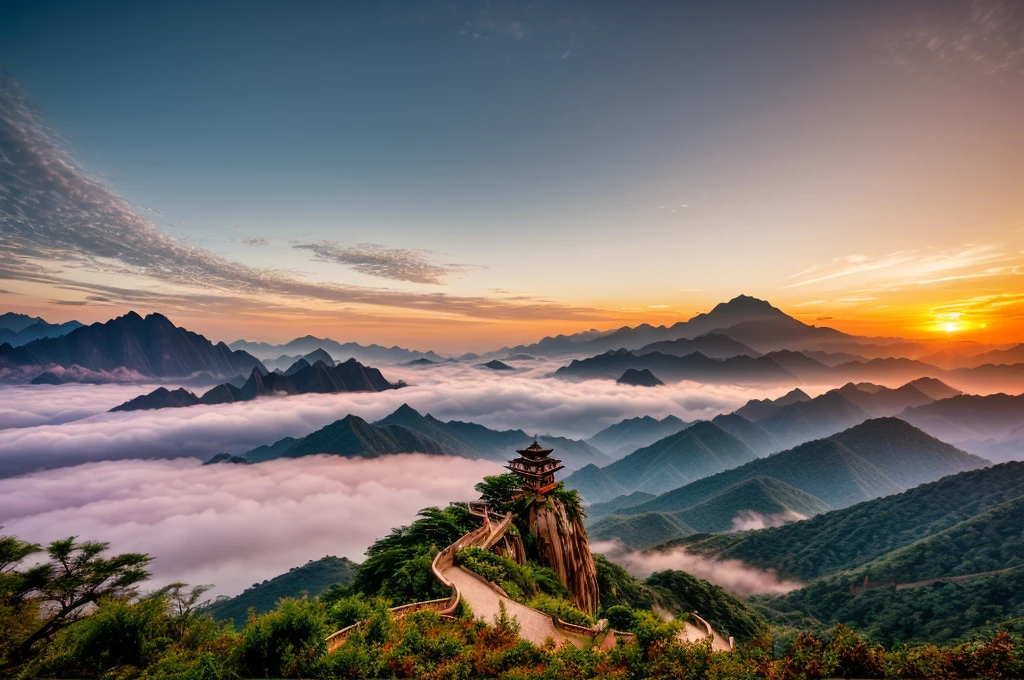 Huangshan Paiyun Pavilion，Sunset，Warm colors，Sea of Clouds，Ultra wide angle，ultra depth of field，Texture，National Geographic Award-winning work