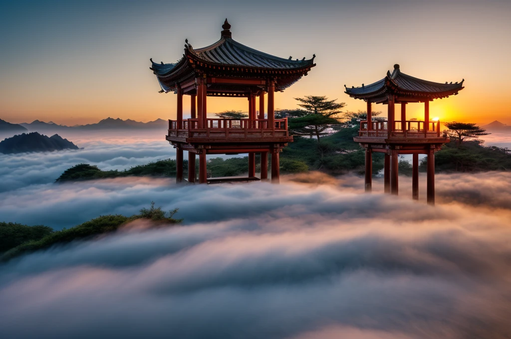 Huangshan Paiyun Pavilion,Sunset,Warm colors,Sea of Clouds,Ultra wide angle,ultra depth of field,Texture,National Geographic Award-winning work