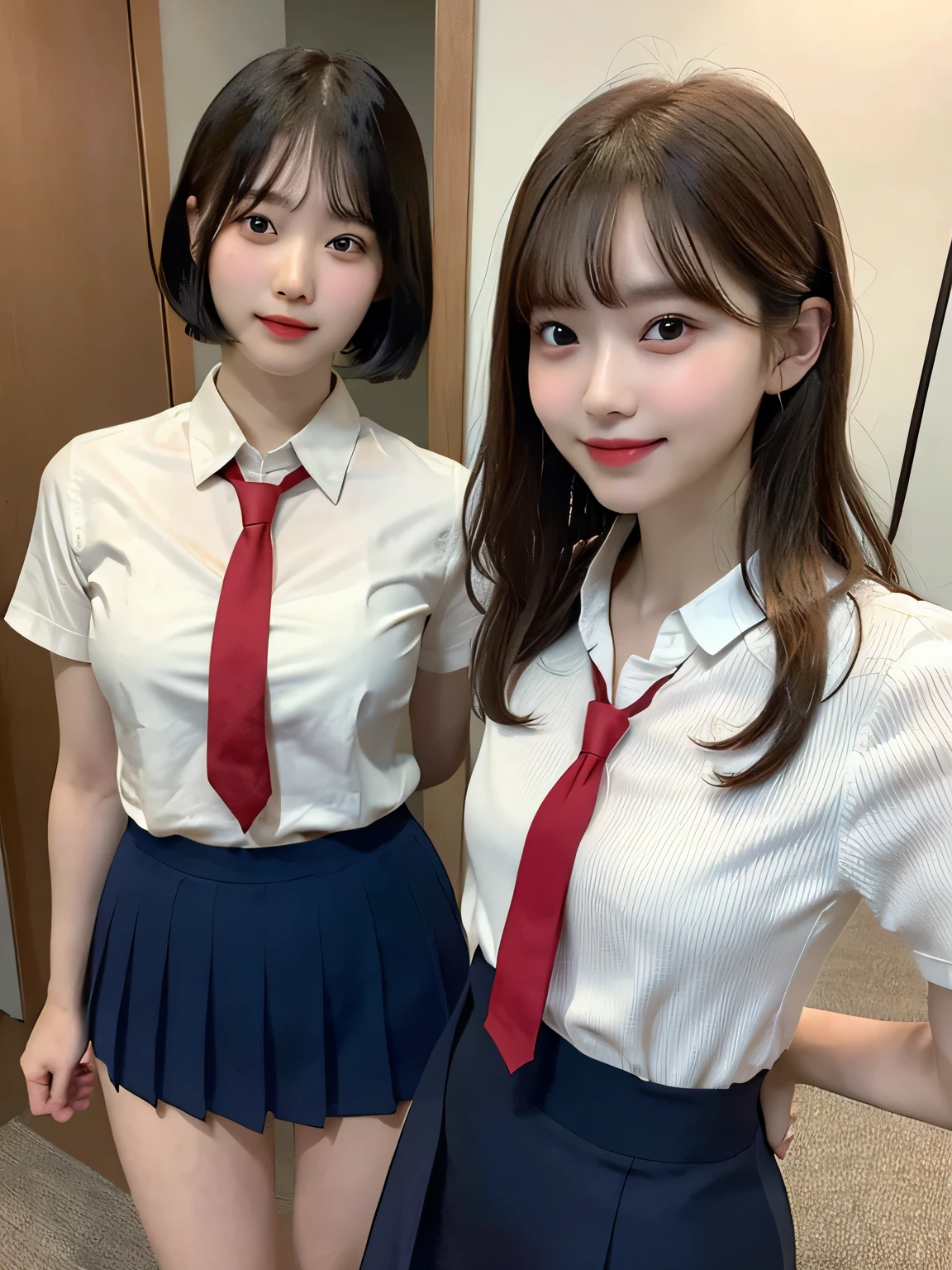 ((Two Girls))Super cute、14 years old、Full body photo、slender、Japanese women、White drool coming out of the mouth、smile、Short Bob Cut、Fair skin、very cute、Soft and good looking、8k resolution、Surreal、Ultra-high resolution、A cup small breasts（（Highest Resolution、、masterpiece：1.3））、Extremely thin face、Ultra-thin lips、Beautiful Eyes、double eyelid、Red tie、White shirt、Navy blue mini skirt、Thighs、thin、Thighsが見える、Shapely small breasts、smile、