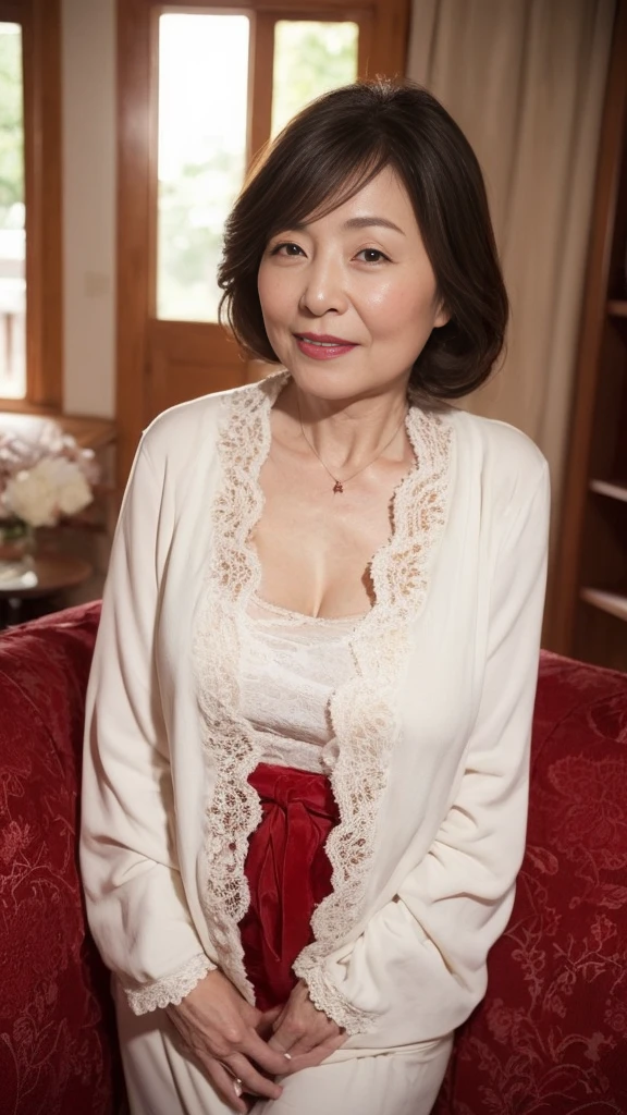 (((is in focus))):1.3, (((Grandmother))):1.3, (((beautiful woman))):1.5 Gravure, describe the lips correctly, red lipstick, The chest is abnormally large, In underwear, Elderly Mature Woman, Mature Woman, flashy face, highest quality, Super high quality, realistic, super dense skin, perfect description, (1 Japanese mature woman), (erotic), 100 years old, big breasts, Bewitching, Glamour, sexy, pure white skin, looking at the viewer,