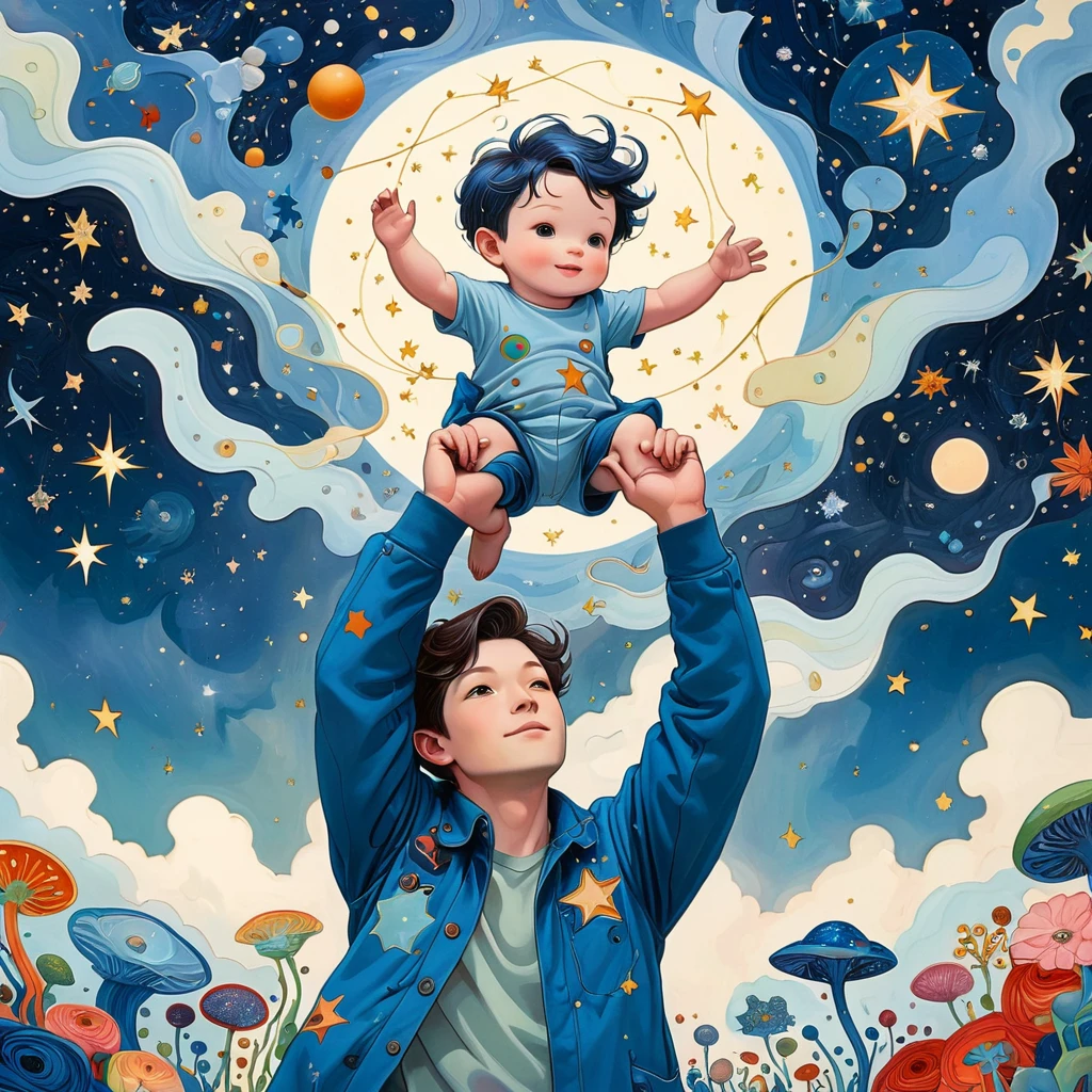 (((James Jean Styles：1.5)))，microorganism、Happy father with son in arms and arms raised、starry sky，Stitching an abstract painting，Describing the inner world of autistic people，Sense of space，blank space，interesting，innocence，psychedelic art