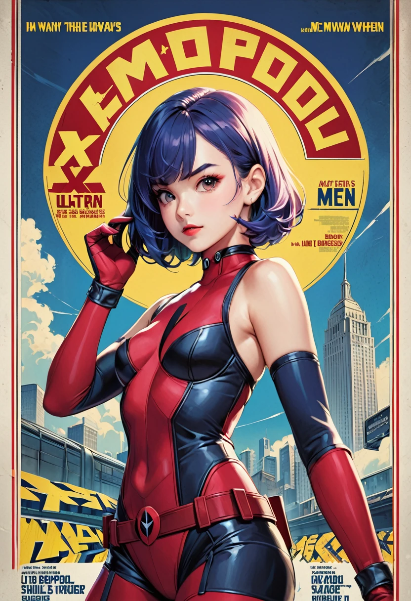 (masterpiece, best quality,ultra highres), (movie poster art,title of "x-men"),In the center of the poster, girl is posing,(16yo,(darkblue wavy-short hair),thick eyebrows,middle small breasts),(wearing "deadpool" costume),