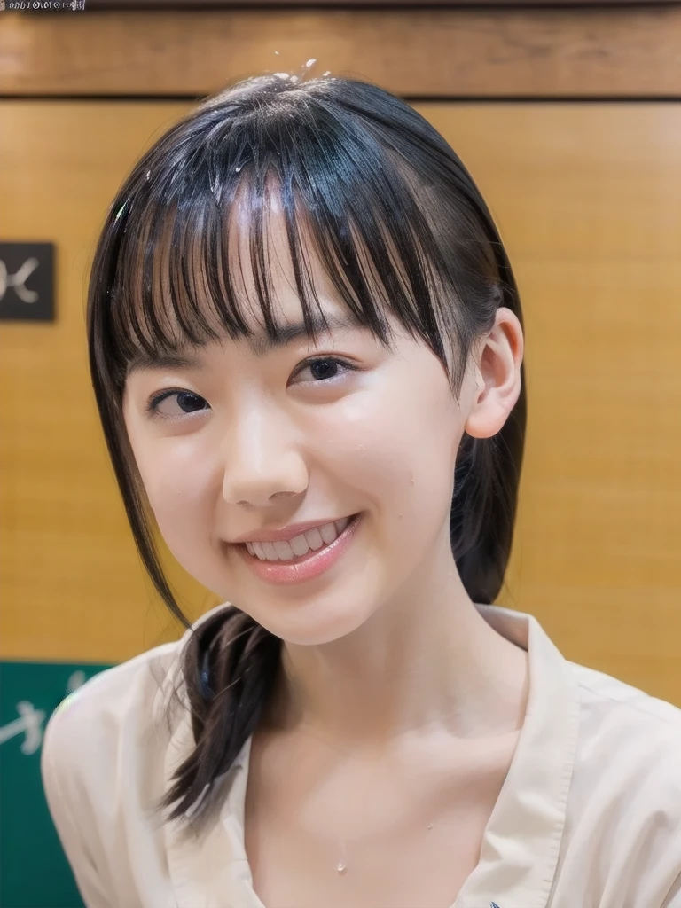 ulzzang-6500-v1.1, (Raw foto:1.2), (Photorealsitic:1.4), a beautiful detailed girl, extremely detailed eye and face, beatiful detailed eyes, huge filesize, (huge tit), hight resolution, ighly detailed, top-quality, [​masterpiece:1.6], [JK school uniform], illustratio, ighly detailed, CG, finely detail, top-quality, Highly detailed CG uniform 8k wallpaper, Cinematographic lighting, 1girl in、17 age、Cute Japan high school girl、perfect body type、[Unbuttoning a white school blouse]、small, taut breasts、Cute droopy eyes、Beautiful big eyes、White School Blouse、see-through brassiere、Sweating and getting wet、[sexual excitement:1.1]、[lyin in bed:1.5]、Raise both hands、 ribbon around neck、A slight smil、(the whole body is wet)、Shining eyes