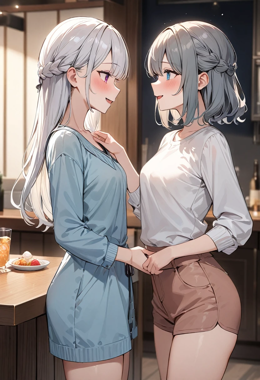 (masterpiece, top quality, very aesthetic, 4k、illustration), intricate detail, 2girls,Standing 、(cowboy shot)、Randomsmile、(Flirting)、yuri,
Cute 、Random Hair Color、,middle hair,sidelock ,Random eyes Color、Casual attire、small 、Slim 、