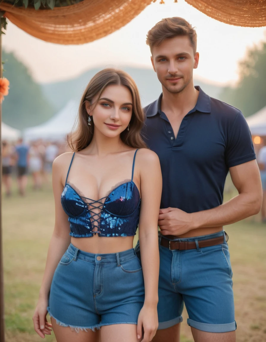 a couple dressed in stylish festival outfits, standing close together and smiling. They are outdoors, possibly at a music festival, with a lively and colorful background. The woman is wearing a bohemian-style dress with floral patterns, while the man is in casual attire with a hat, hats is important. The overall vibe is cheerful and festive, capturing a moment of joy and togetherness, In this breathtakingly realistic scene, a stunning 20-year-old Ukrainian girl and her athletic boyfriend Artur, early 30's, stand together in a ravishing outdoor setting. The girl, wearing an exquisite Mesh Sequins Lace up Tube Top & Mini Skirt Coord Set, gazes directly at the viewer with soft, beautiful eyes exhibiting perfect symmetry. Her silky black hair cascades down her back like a waterfall of night. Artur, donning denim shorts and matching attire, lifts his partner in his arms, capturing their joyful mood as they pose together. The rave festival backdrop features volumetric fog and tonalism, drawing the viewer's attention to the couple's breathtakingly photorealistic figures. The girl's pear-shaped body is showcased in all its glory, her white skin glowing beneath a stunning designer clothes ensemble. Her makeup is flawless, accentuating her medium breasts, tall stature, and luscious butt. The Ukrainian beauty's black locks flow like night as she and Artur stand united, their eyes locked on the viewer. This ultra-realistic masterpiece, rendered in 4K/8K HDR, showcases the couple in a professional-grade, high-budget setting that rivals cinematic excellence, both looking at viewer.