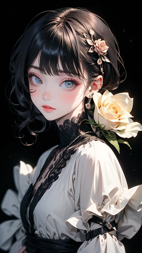 ((masterpiece, Highest quality)),Best aesthetics,One girl, alone, (Very delicate and beautiful face), (Beautiful eyes in every detail),Long Hair, Black Dress, flower, ribbon, Black background, Black Hair, Rose, hair ribbon, Green Eyes, Long sleeve, white Rose, black ribbon, Upper Body, Cinema Lighting