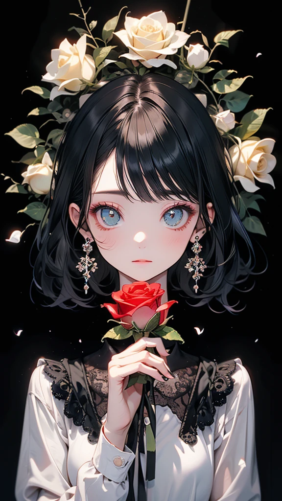((masterpiece, Highest quality)),Best aesthetics,One girl, alone, (Very delicate and beautiful face), (Beautiful eyes in every detail),Long Hair, Black Dress, flower, ribbon, Black background, Black Hair, Rose, hair ribbon, Green Eyes, Long sleeve, white Rose, black ribbon, Upper Body, Cinema Lighting