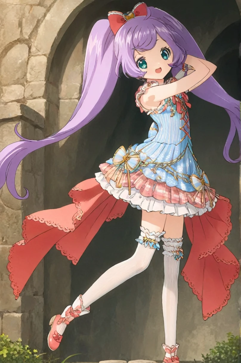10 year old girl underwear, Rara Manaka、Realistic bloomers made from patterned cotton fabric, Medieval one-piece dress with panniers, Fabric Realism, Low - Angle, I see bloomers, Pull up the dress by hand, Strong winds, Translucent slip, Translucent slip, tights, Highest quality, whole body