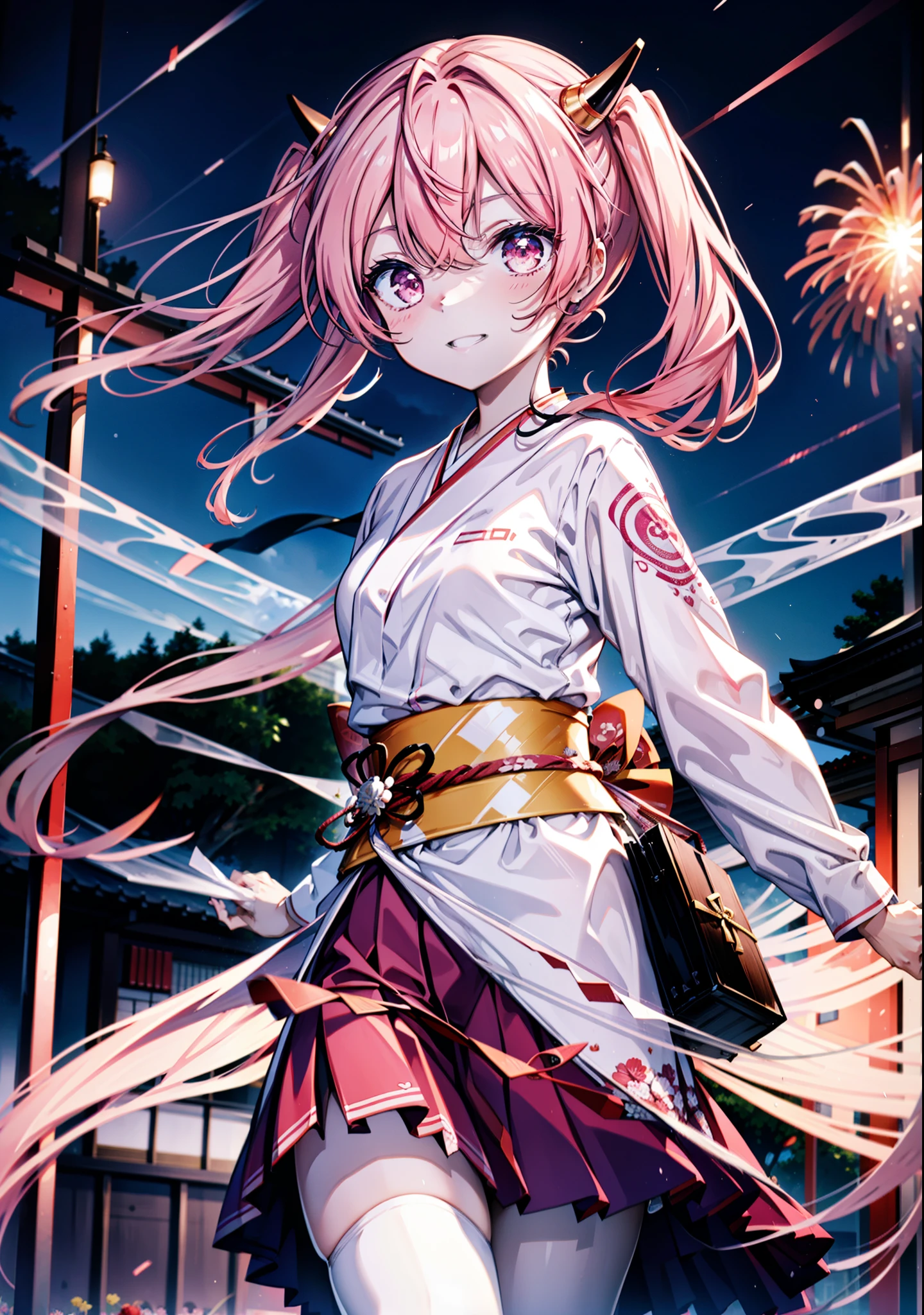 Aria h kanzaki,horn,Pink Hair,Long Hair,low 　Twin tails,小さいhorn,Red eyes,happy smile, smile, Open your mouth,pink kimono,Thick sleeves,Long skirt,日本のfestival,夏festivalの屋台,Red Lantern,night,night空のfirework,firework,場所はfirework大会,時間はnightです,sunny day,turn around,as if,walk,　　　　　　　　　　　　　　　  　　　　　break looking at viewer, Upper Body, (Cowboy Shot:1. 5),  　　　　　
break outdoors, festival,shrine,
break (masterpiece:1.2), Highest quality, High resolution, unity 8k wallpaper, (shape:0.8), (Beautiful attention to detail:1.6), Highly detailed face, Perfect lighting, Highly detailed CG, (Perfect hands, Perfect Anatomy),