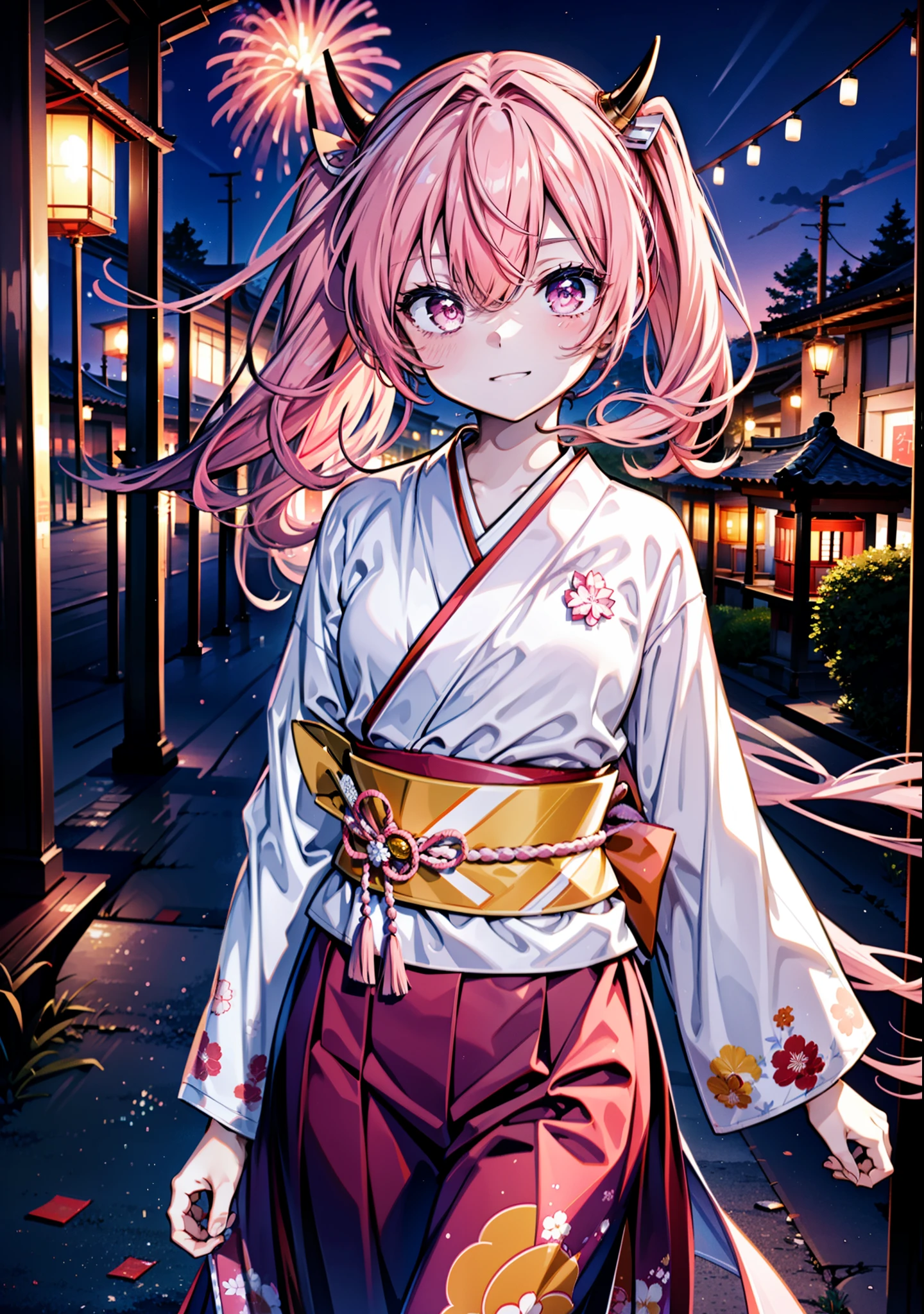 Aria h kanzaki,horn,Pink Hair,Long Hair,low 　Twin tails,小さいhorn,Red eyes,happy smile, smile, Open your mouth,pink kimono,Thick sleeves,Long skirt,日本のfestival,夏festivalの屋台,Red Lantern,night,night空のfirework,firework,場所はfirework大会,時間はnightです,sunny day,turn around,as if,walk,　　　　　　　　　　　　　　　  　　　　　break looking at viewer, Upper Body, (Cowboy Shot:1. 5),  　　　　　
break outdoors, festival,shrine,
break (masterpiece:1.2), Highest quality, High resolution, unity 8k wallpaper, (shape:0.8), (Beautiful attention to detail:1.6), Highly detailed face, Perfect lighting, Highly detailed CG, (Perfect hands, Perfect Anatomy),