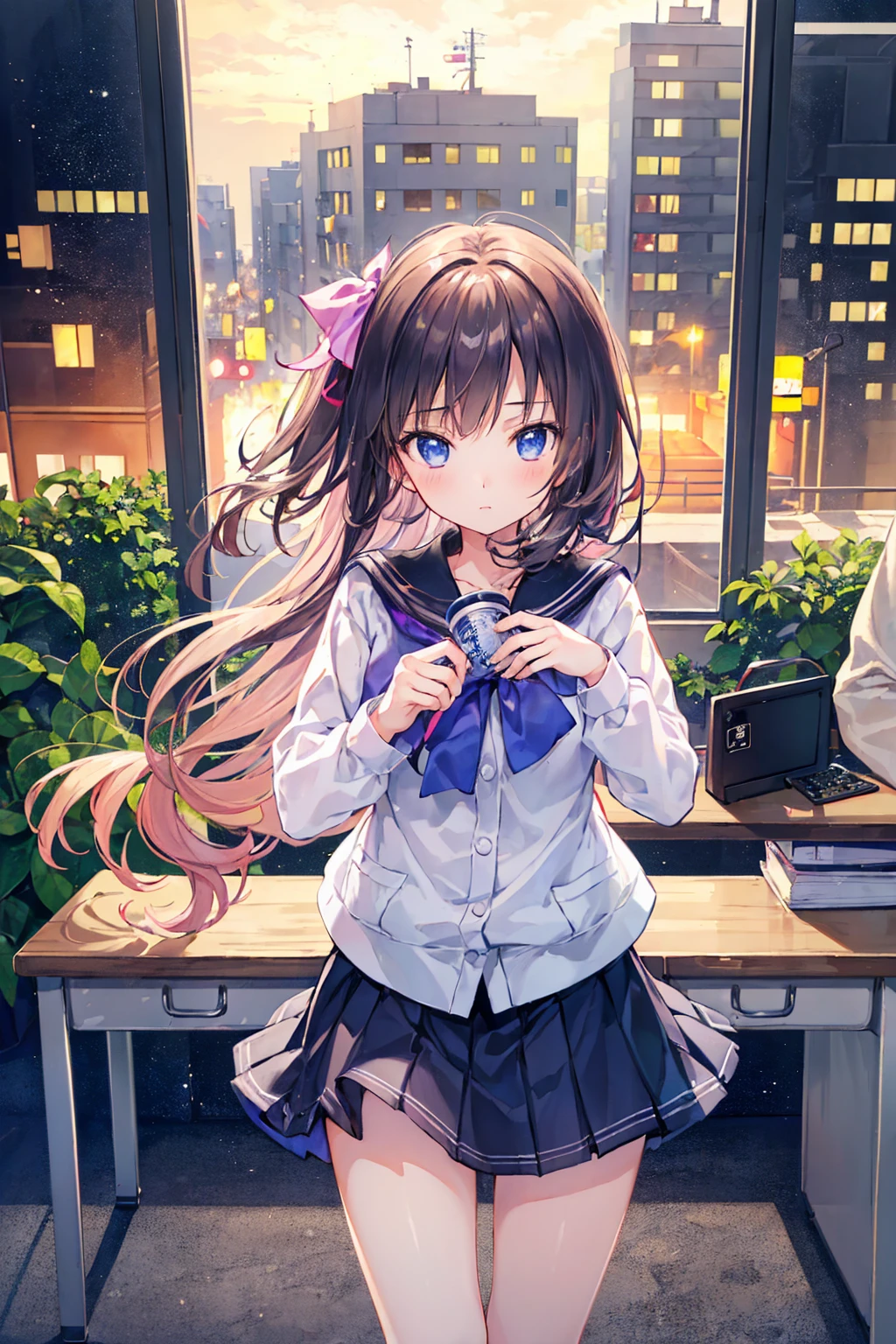 (Highest quality:1.3)、One Girl、high school girl、mini skirt、desk work、get up、Angle from directly above、Cute anime illustrations、((Highest quality)), (Very detailed), (High-definition CG synthesis 8K wallpaper), 高いly detailed, 高い-definition raw color photos, Professional photography, (((Bokeh))), Written boundary depth,