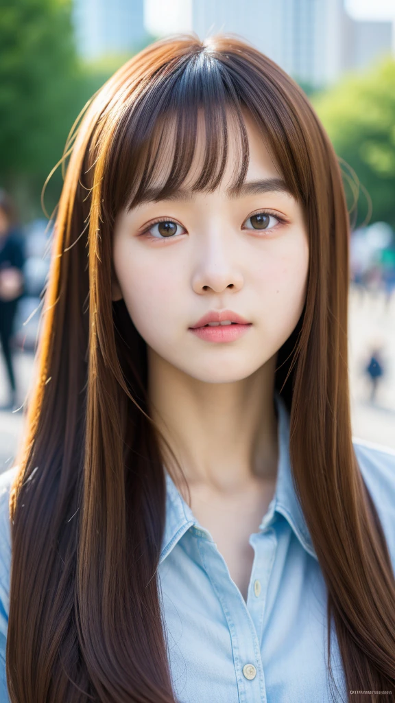 (best quality, 8k, 32k, masterpiece, UHD:1.2), ultra high resolution, (pretty a Korean early teen girl), 13 years old, beautiful detailed eyes, semi long brown hair, bangs, portrait, (crowded city boulevard on a bright sunny day:1.2)