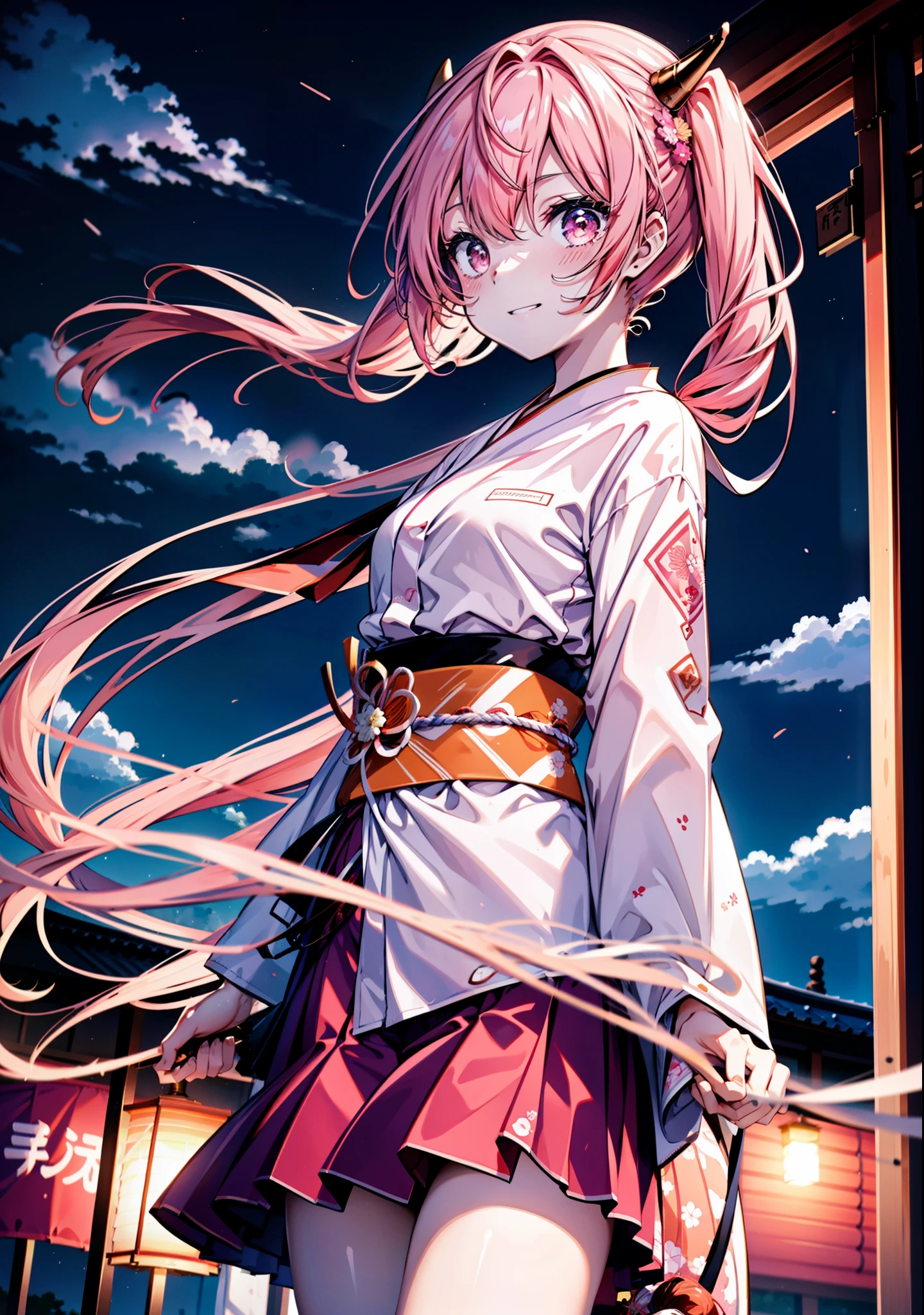 Aria h kanzaki,horn,Pink Hair,Long Hair,low 　Twin tails,小さいhorn,Red eyes,happy smile, smile, Open your mouth,pink kimono,Thick sleeves,Long skirt,日本のfestival,夏festivalの屋台,Red Lantern,night,night空のfirework,firework,場所はfirework大会,時間はnightです,sunny day,turn around,as if,walk,　　　　　　　　　　　　　　　  　　　　　break looking at viewer, Upper Body, (Cowboy Shot:1. 5),  　　　　　
break outdoors, festival,shrine,
break (masterpiece:1.2), Highest quality, High resolution, unity 8k wallpaper, (shape:0.8), (Beautiful attention to detail:1.6), Highly detailed face, Perfect lighting, Highly detailed CG, (Perfect hands, Perfect Anatomy),