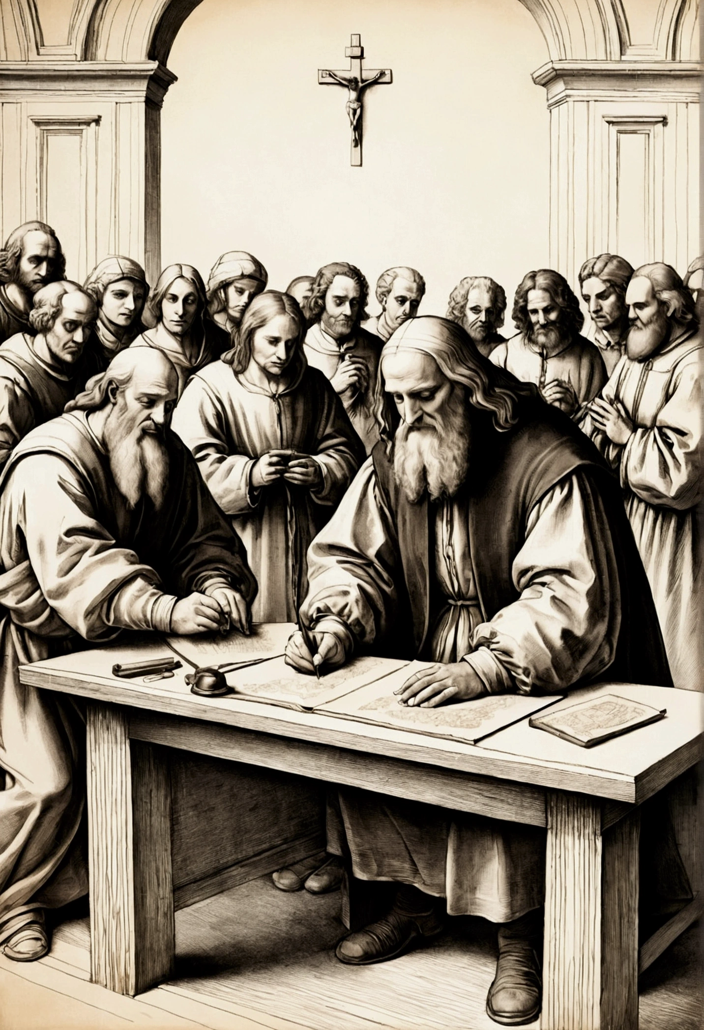 pastor writing a letter on his desk, by leonardo da vinci, complex scene, opening scene, painted image, , courtroom drawing, stylized digital illustration, accurate depiction, praying, full - view, many people worshipping, rendering