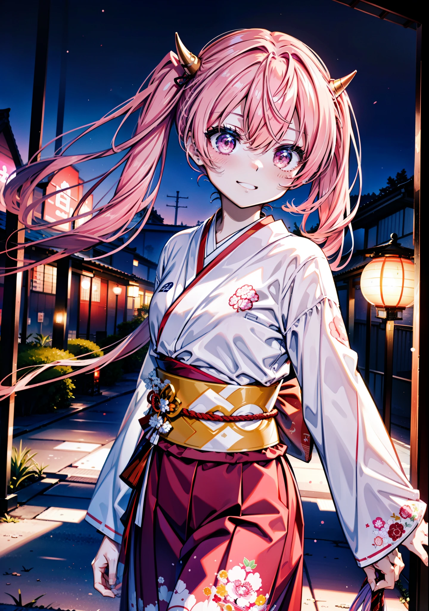 Aria h kanzaki,horn,Pink Hair,Long Hair,low 　Twin tails,小さいhorn,Red eyes,happy smile, smile, Open your mouth,pink kimono,Thick sleeves,Long skirt,日本のfestival,夏festivalの屋台,Red Lantern,night,night空のfirework,firework,場所はfirework大会,時間はnightです,sunny day,turn around,as if,walk,　　　　　　　　　　　　　　　  　　　　　break looking at viewer, Upper Body, (Cowboy Shot:1. 5),  　　　　　
break outdoors, festival,shrine,
break (masterpiece:1.2), Highest quality, High resolution, unity 8k wallpaper, (shape:0.8), (Beautiful attention to detail:1.6), Highly detailed face, Perfect lighting, Highly detailed CG, (Perfect hands, Perfect Anatomy),