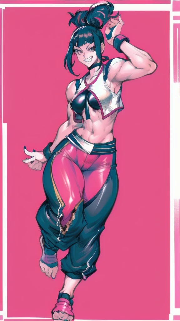 Full body image of Juri Han from Street Fighter 6, From head to toe, wearing her outfit from street fighter 6, jogger pants, female body, athletic body, dynamic pose, detailed pose, simple background, expressive face showing a mischievous grin, focus on face, line art, sketch.
