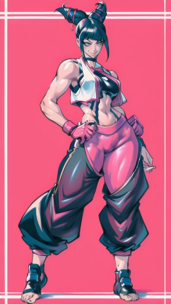 Full body image of Juri Han from Street Fighter 6, From head to toe, wearing her outfit from street fighter 6, jogger pants, female body, athletic body, dynamic pose, detailed pose, simple background, expressive face showing a mischievous grin, focus on face, line art, sketch.