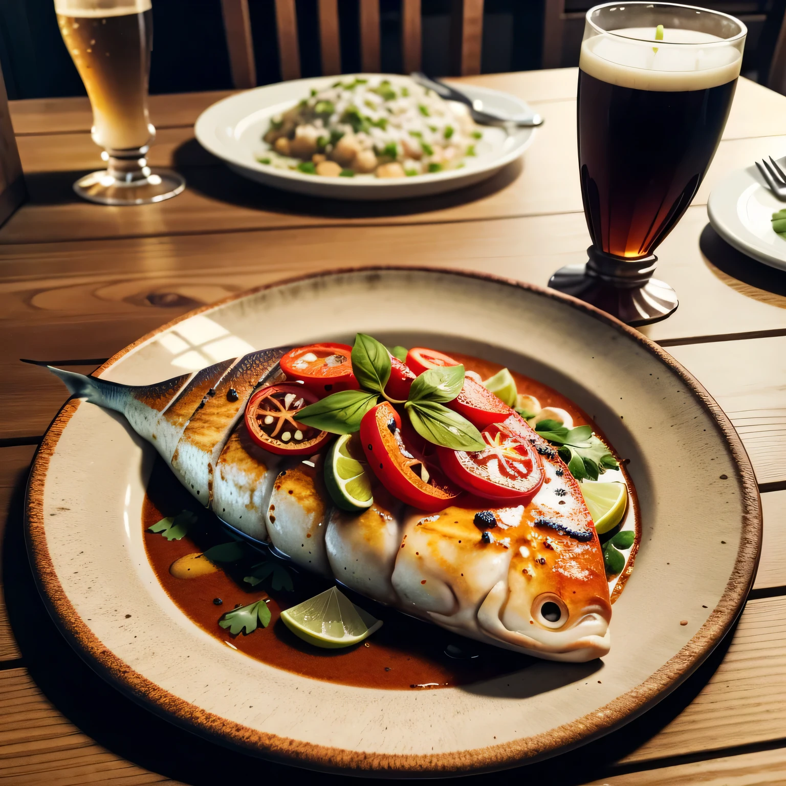 a fish dish, with spices, very appetizing, in a medieval tavern, on a ::wooden plate, ::rustic