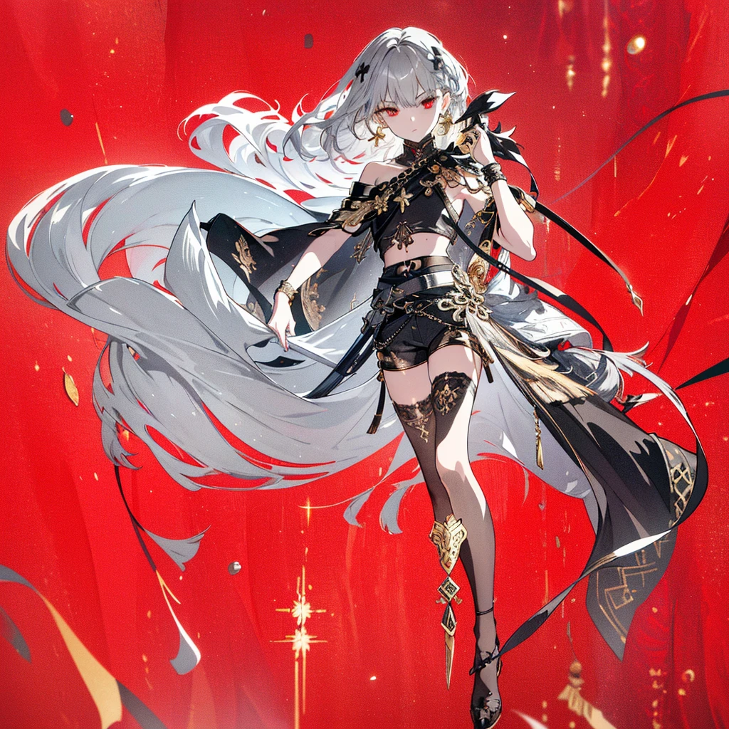 8k,High resolution RAW color art,Anime Art,Silver Marble Skin, (((Very detailed and cool))), Detailed skin, Bokeh、texture,(Exquisitely crafted, The finer details, Ultra-detailed art), (((1 girl))), Depth of written boundary, Silky Touch, Hyper Detail, (((Cool face))), eye shadow、Armed women, Beautiful detailed red eyes, Beautiful lip detail, Highly detailed face, Delicate depiction of hair and eyes, Detailed Fashion, Golden Earrings,Full body depiction, Black half top、(((Shoulder Bare)))、Black shorts、Waist Cloak、black tights、Golden decoration, Grey Hair, Golden bracelet, Straight Hair、Short Hair、(((Hair)))、Simple Background、(((Black theme)))、snow、Side view、Crouch、look up、cloth、cool
