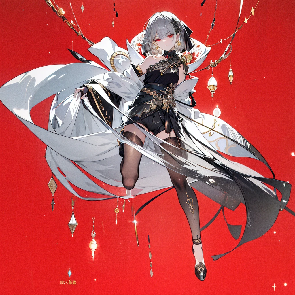 8k,High resolution RAW color art,Anime Art,Silver Marble Skin, (((Very detailed and cool))), Detailed skin, Bokeh、texture,(Exquisitely crafted, The finer details, Ultra-detailed art), (((1 girl))), Depth of written boundary, Silky Touch, Hyper Detail, (((Cool face))), eye shadow、Armed women, Beautiful detailed red eyes, Beautiful lip detail, Highly detailed face, Delicate depiction of hair and eyes, Detailed Fashion, Golden Earrings,Full body depiction, Black half top、(((Shoulder Bare)))、Black shorts、Waist Cloak、black tights、Golden decoration, Grey Hair, Golden bracelet, Straight Hair、Short Hair、(((Hair)))、Simple Background、(((Black theme)))、snow、Side view、Crouch、look up、cloth、cool