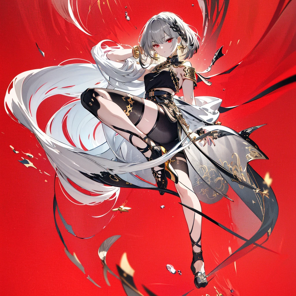 8k,High resolution RAW color art,Anime Art,Silver Marble Skin, (((Very detailed and cool))), Detailed skin, Bokeh、texture,(Exquisitely crafted, The finer details, Ultra-detailed art), (((1 girl))), Depth of written boundary, Silky Touch, Hyper Detail, (((Cool face))), eye shadow、Armed women, Beautiful detailed red eyes, Beautiful lip detail, Highly detailed face, Delicate depiction of hair and eyes, Detailed Fashion, Golden Earrings,Full body depiction, Black half top、(((Shoulder Bare)))、Black shorts、Waist Cloak、black tights、Golden decoration, Grey Hair, Golden bracelet, Straight Hair、Short Hair、(((Hair)))、Simple Background、(((Black theme)))、snow、Side view、Crouch、look up、cloth、cool
