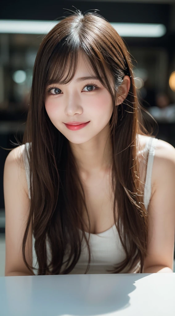 Tabletop, Highest quality, shape, Very detailed, finely, High resolution, 8k wallpaper, 完璧なダイナミックな構shape, Beautiful and detailed,ランダムなcute髪,,Natural color lip, Bold sexy pose,smile、20-year-old girl、cute、Looking into the camera,Always blur the background,Perfect and beautiful face,Slim face and figure,Big eyes、Putting on gal makeup,Small face,Shooting from below、smile,Blurred Background,Elegant feminine face、Cyberpunk Fashion、smile、Real Photo、Raw photo、Real human skin,finely描かれた肌:1,4、Normal anatomy