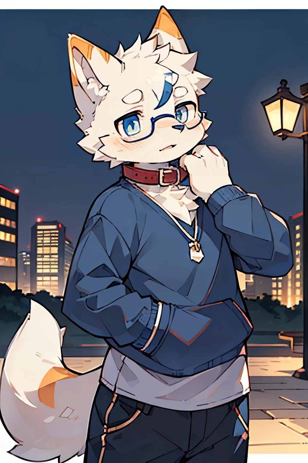 Exquisite lines，best quality。male，Not too majestic， 12 years old,White fur, Wearing a collar and glasses,Wear casual clothes and pants，Beautiful night city background,head tilted to one side，Dog furry character,Blue pupils，Clever，cute，blush，shy，Love