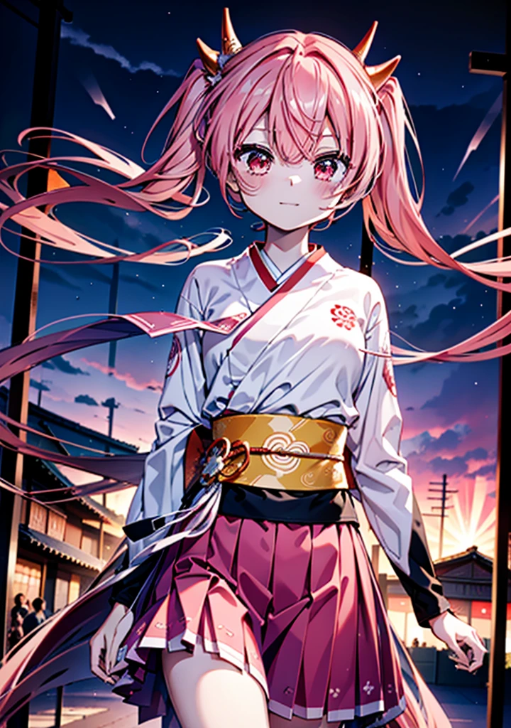 Aria h kanzaki,horn,Pink Hair,Long Hair,low 　Twin tails,小さいhorn,Red eyes,happy smile, smile, Open your mouth,pink kimono,Thick sleeves,Long skirt,日本のfestival,夏festivalの屋台,Red Lantern,night,night空のfirework,firework,場所はfirework大会,時間はnightです,sunny day,　　　　　　　　　　　　　　　  　　　　　break looking at viewer, Upper Body, (Cowboy Shot:1. 5),  　　　　　
break outdoors, festival,shrine,
break (masterpiece:1.2), Highest quality, High resolution, unity 8k wallpaper, (shape:0.8), (Beautiful attention to detail:1.6), Highly detailed face, Perfect lighting, Highly detailed CG, (Perfect hands, Perfect Anatomy),