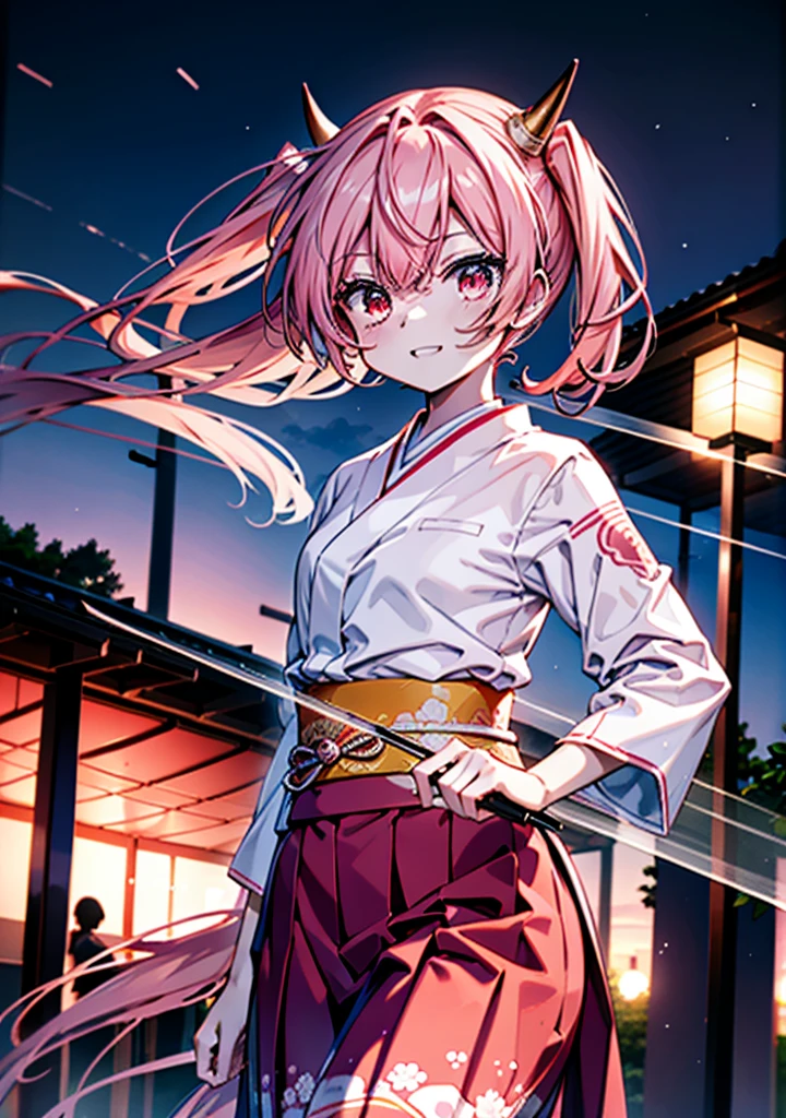 Aria h kanzaki,horn,Pink Hair,Long Hair,low 　Twin tails,小さいhorn,Red eyes,happy smile, smile, Open your mouth,pink kimono,Thick sleeves,Long skirt,日本のfestival,夏festivalの屋台,Red Lantern,night,night空のfirework,firework,場所はfirework大会,時間はnightです,sunny day,　　　　　　　　　　　　　　　  　　　　　break looking at viewer, Upper Body, (Cowboy Shot:1. 5),  　　　　　
break outdoors, festival,shrine,
break (masterpiece:1.2), Highest quality, High resolution, unity 8k wallpaper, (shape:0.8), (Beautiful attention to detail:1.6), Highly detailed face, Perfect lighting, Highly detailed CG, (Perfect hands, Perfect Anatomy),