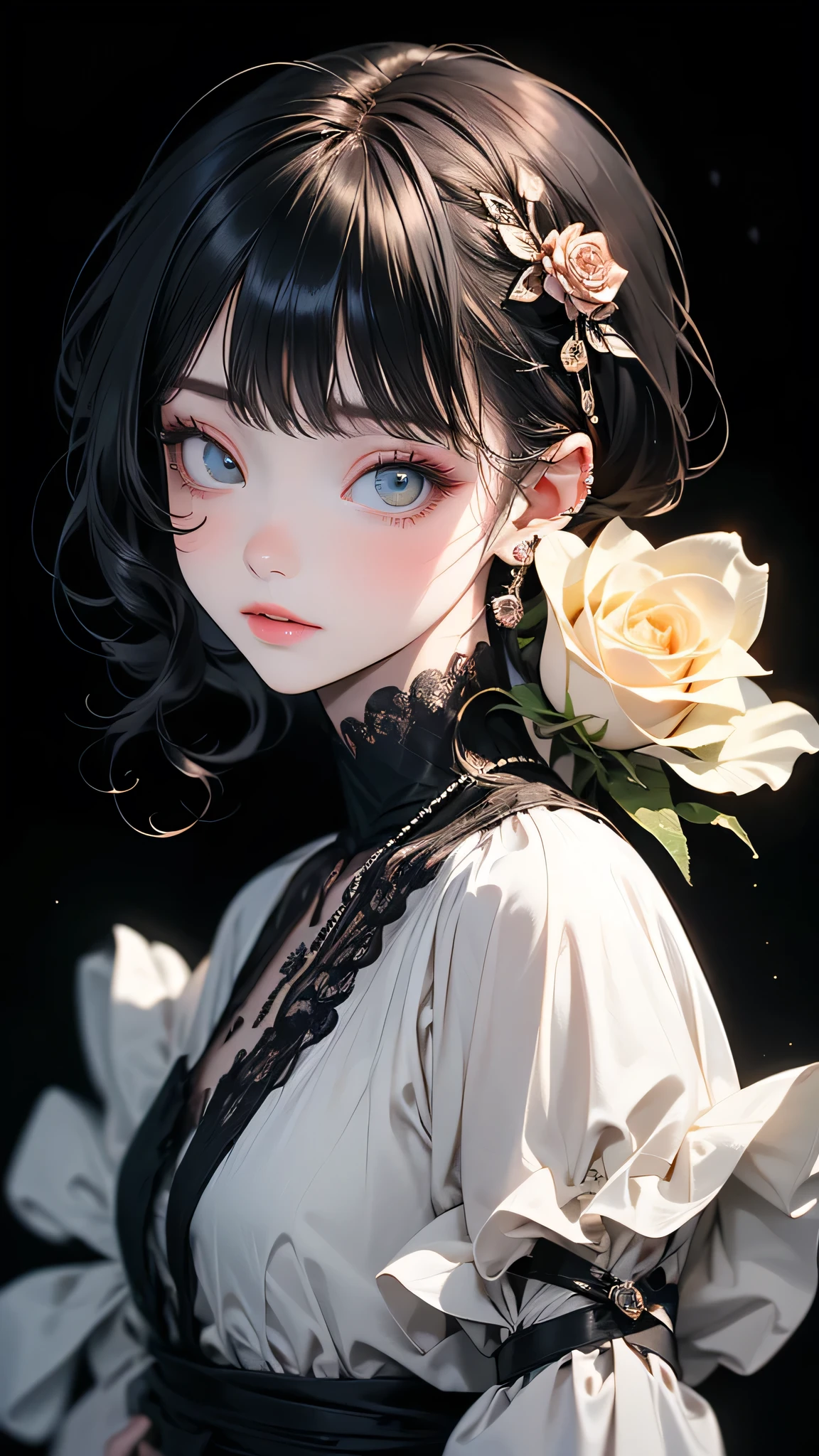 ((masterpiece, Highest quality)),Best aesthetics,One girl, alone, (Very delicate and beautiful face), (Beautiful eyes in every detail),Long Hair, Black Dress, flower, ribbon, Black background, Black Hair, Rose, hair ribbon, Green Eyes, Long sleeve, white Rose, black ribbon, Upper Body, Cinema Lighting