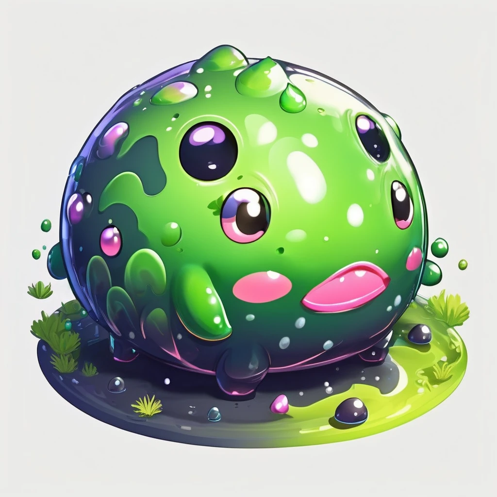 Isometric view, Dark fantasy anime style, beautiful stylized digital painting of adorable slime creature, simple chubby plump round shape, white background