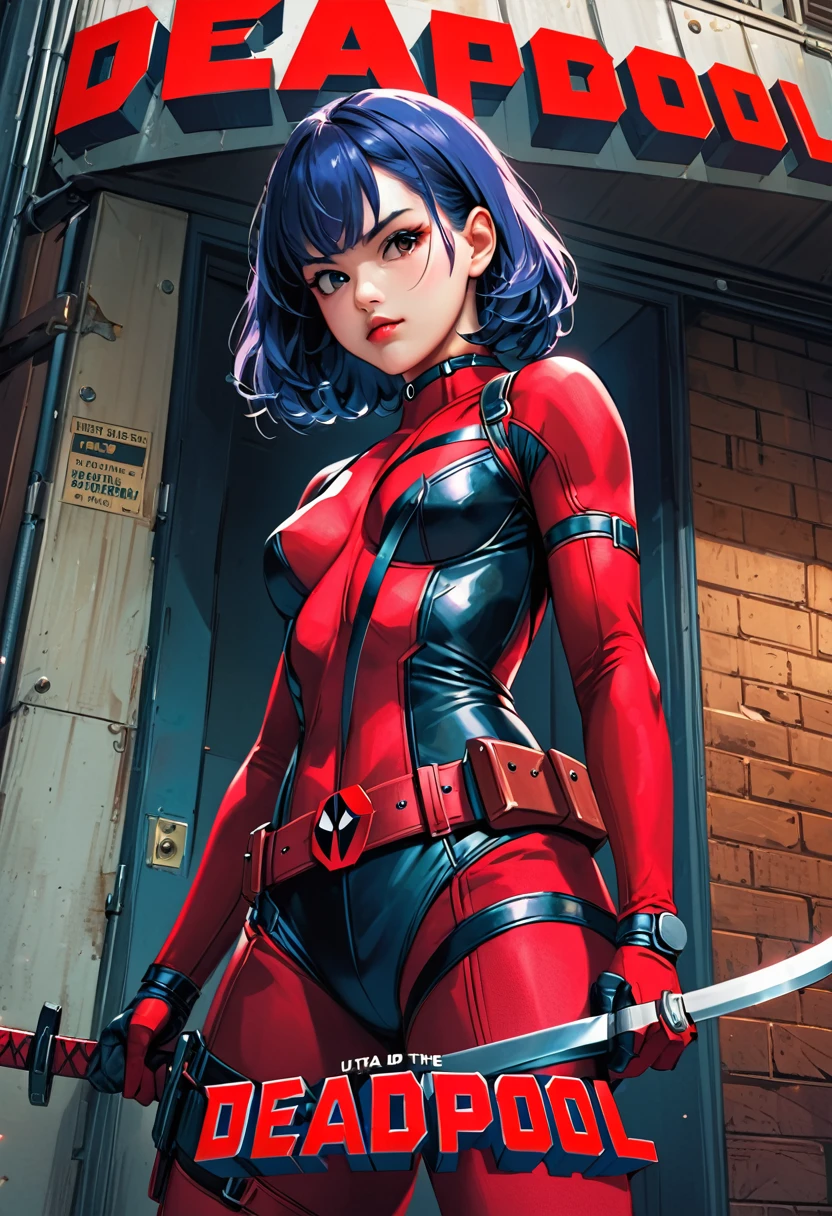 (masterpiece, best quality,ultra highres), (movie poster art,title  of "deadpool"),In the center of the poster, girl is posing,(yo,(darkblue wavy-short hair),thick eyebrows,middle small breasts),(wearing "deadpool" costume),