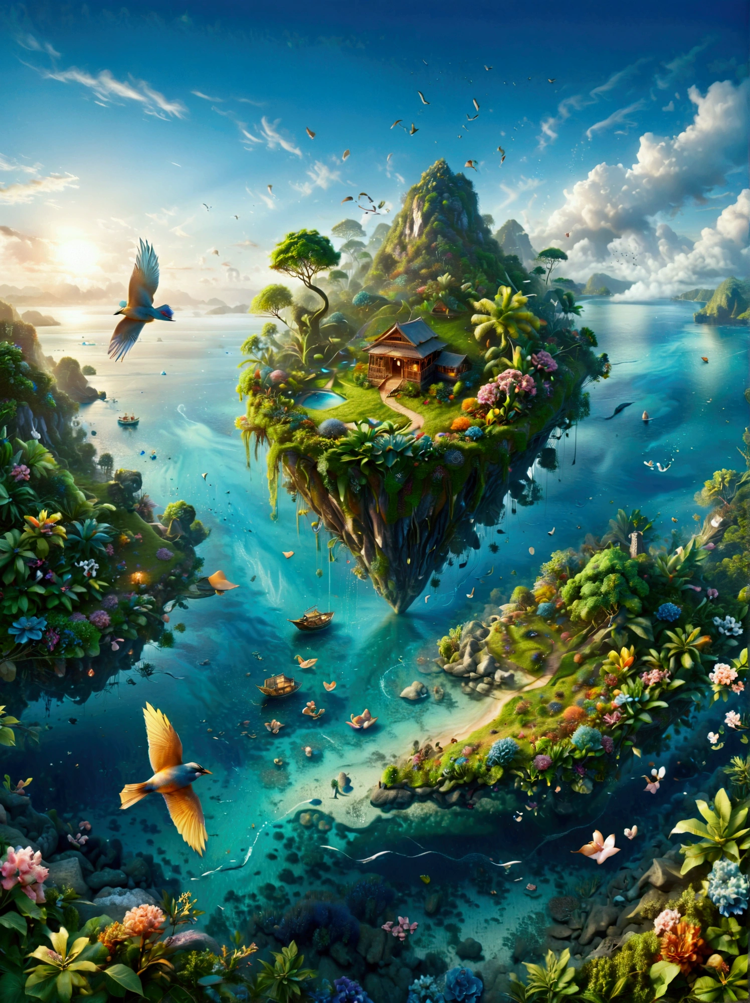 (Bird&#39;s eye view:1.5)，An ancient treasure map，Horizon leading to an exotic island。The island is covered with lush tropical vegetation、Mysterious ancient buildings and a towering mountain。This is an obvious destination for daring explorers。The sky is dotted with birds，There&#39;s a sense of adventure in the air，The boundless blue sea is inhabited by various marine creatures.。A wooden boat with an elegant sail awaits in the nearby bay.，Prepare to start a cross-sea journey。