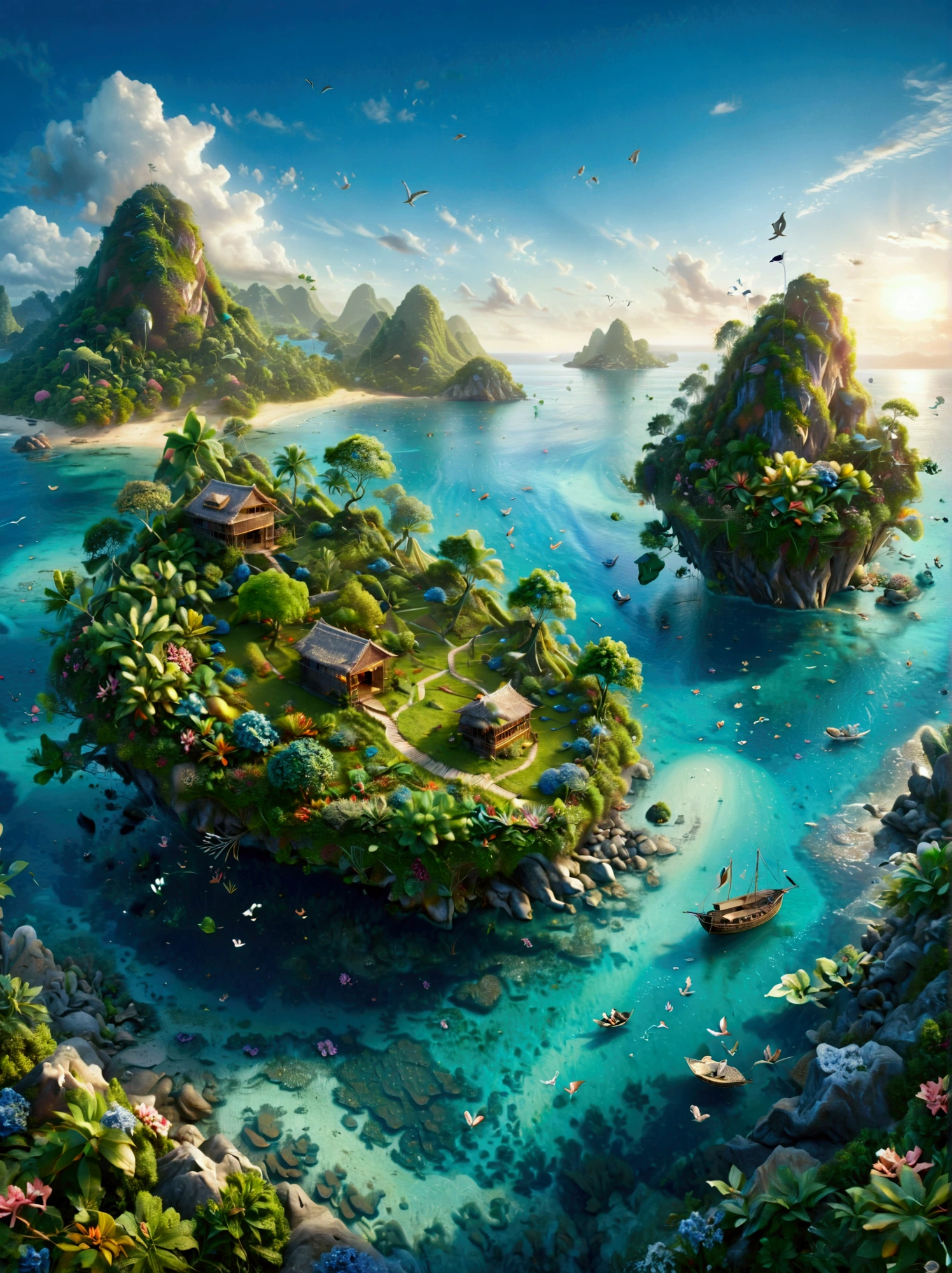 (Bird&#39;s eye view:1.5)，An ancient treasure map，Horizon leading to an exotic island。The island is covered with lush tropical vegetation、Mysterious ancient buildings and a towering mountain。This is an obvious destination for daring explorers。The sky is dotted with birds，There&#39;s a sense of adventure in the air，The boundless blue sea is inhabited by various marine creatures.。A wooden boat with an elegant sail awaits in the nearby bay.，Prepare to start a cross-sea journey。