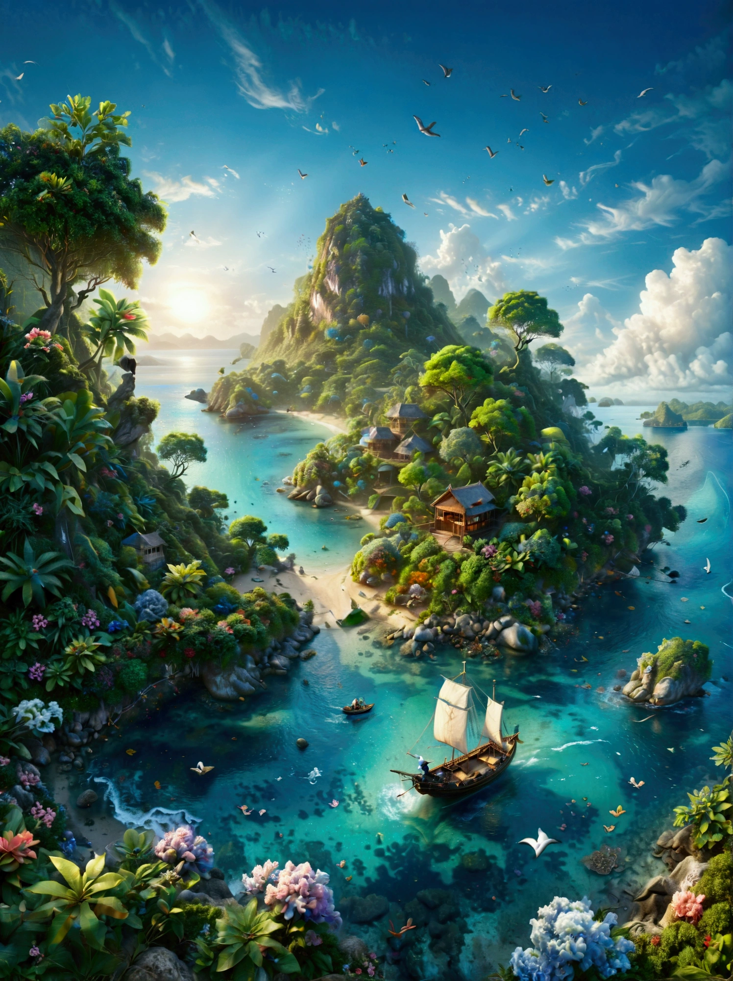 (Bird&#39;s eye view:1.5)，An ancient treasure map，Horizon leading to an exotic island。The island is covered with lush tropical vegetation、Mysterious ancient buildings and a towering mountain。This is an obvious destination for daring explorers。The sky is dotted with birds，There&#39;s a sense of adventure in the air，The boundless blue sea is inhabited by various marine creatures.。A wooden boat with an elegant sail awaits in the nearby bay.，Prepare to start a cross-sea journey。