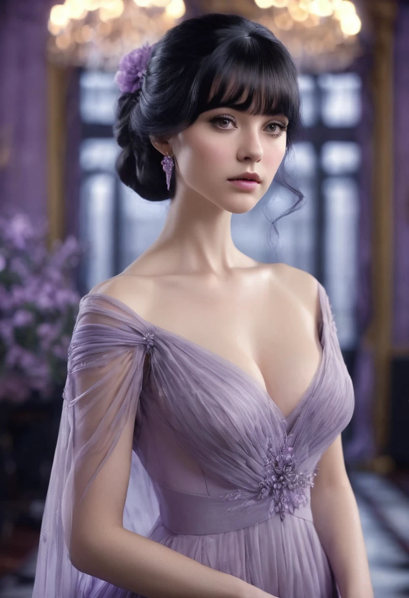 1 woman, inside a ballroom, wearing an elegant lavender-lilac evening dress, lavender-lilac dress, detailed facial features, feminine gray eyes, detailed white skin, long straight black hair with bangs, image showing the entire body, dramatic lighting, big breasts, cinematic composition, cold palette, dark colors, atmospheric fog, strong body, thin chin, adult woman, (best quality, 4K, 8K, high resolution, art: 1.2), ultra-detailed, (realistic, photorealistic, photorealistic: 1.37)